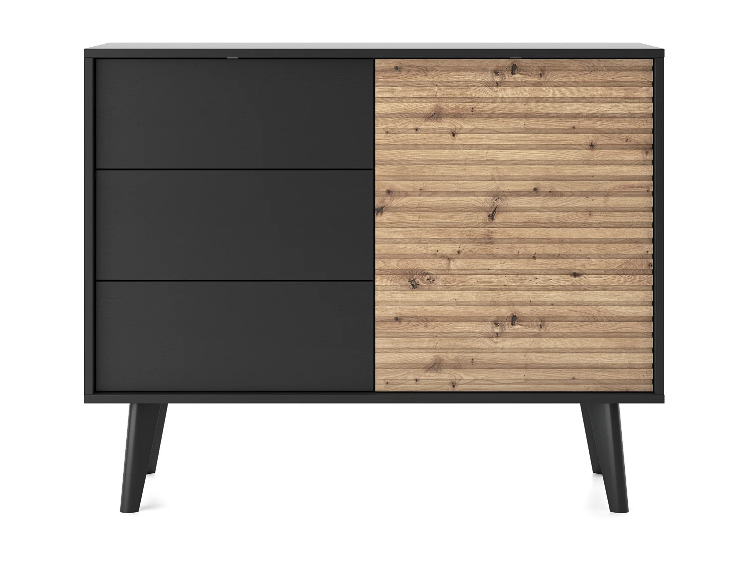 Buffet WILLOW 104 cm Noir Chêne Artisan – 3 Tiroirs, Push-to-Open, Style Loft, Façade Rainurée, Pieds en Bois