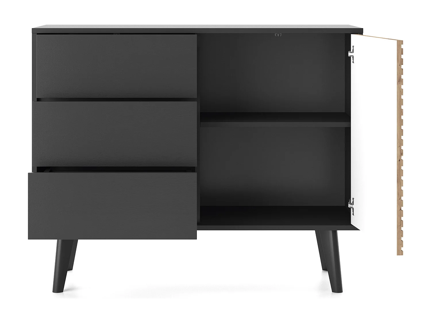 Buffet WILLOW 104 cm Noir Chêne Artisan – 3 Tiroirs, Push-to-Open, Style Loft, Façade Rainurée, Pieds en Bois