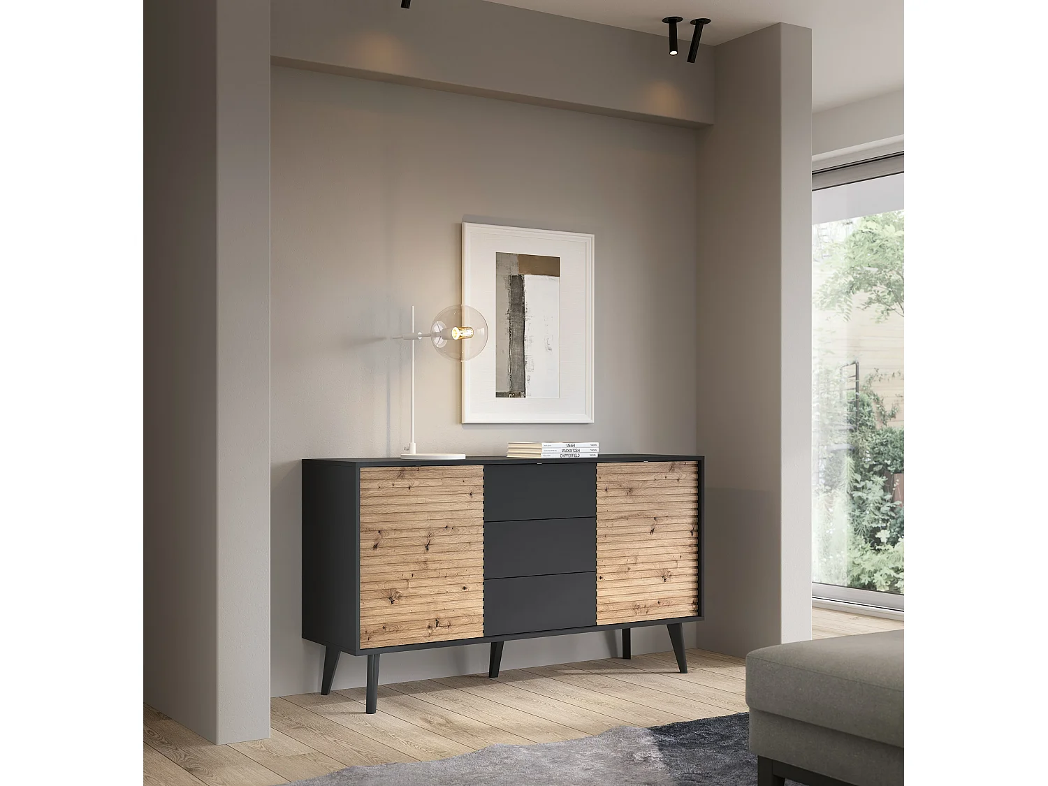 Buffet WILLOW Noir + Chêne Artisan – 104x83x39 cm, 2 Portes, 3 Tiroirs, Design Moderne Style Loft