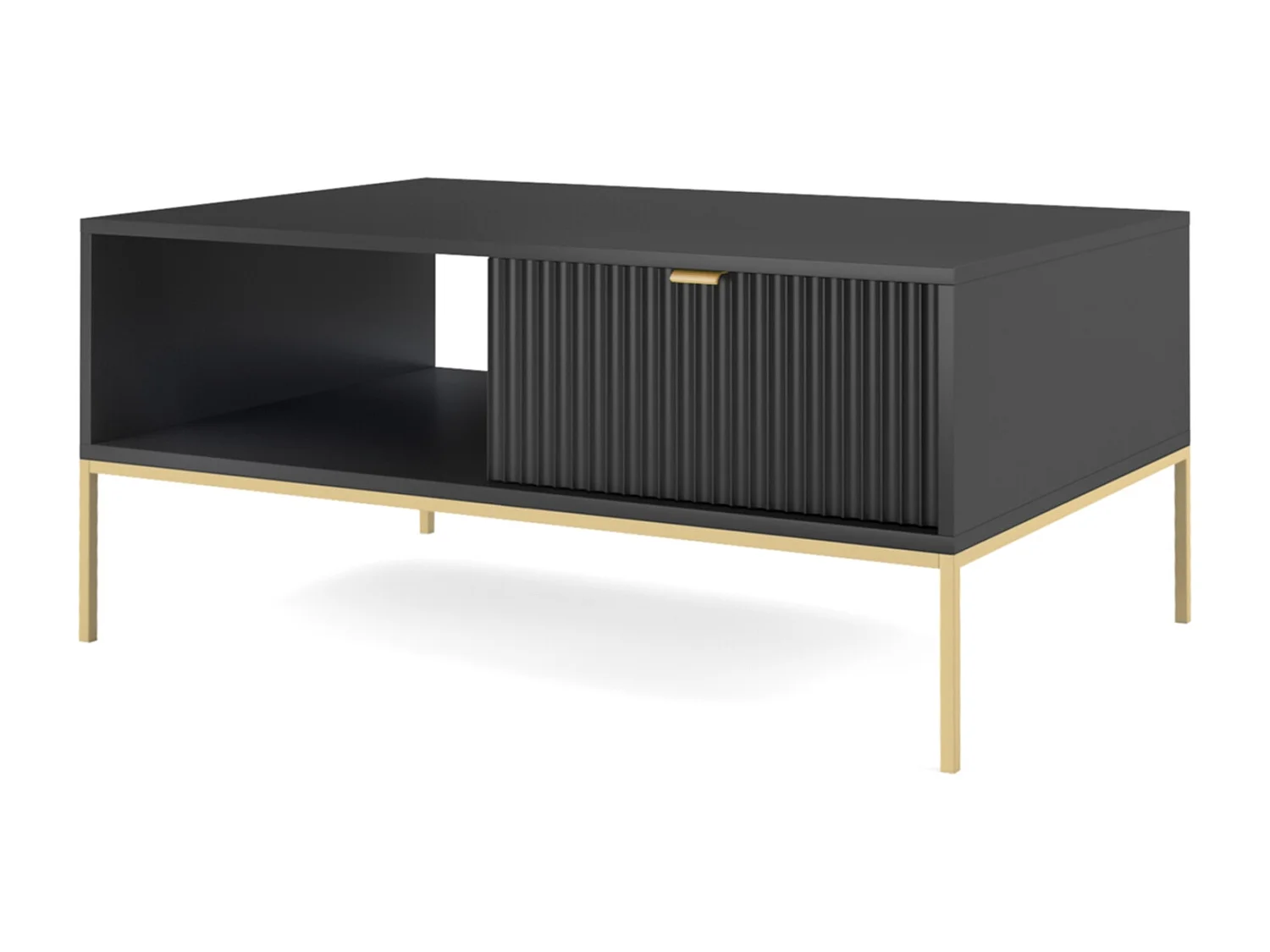 Table Basse Élégante DomoHome NOVA – Avec accent doré, Tiroir moderne en MDF, Pieds métal dorés, Design minimaliste, Noir, 104x104x46cm