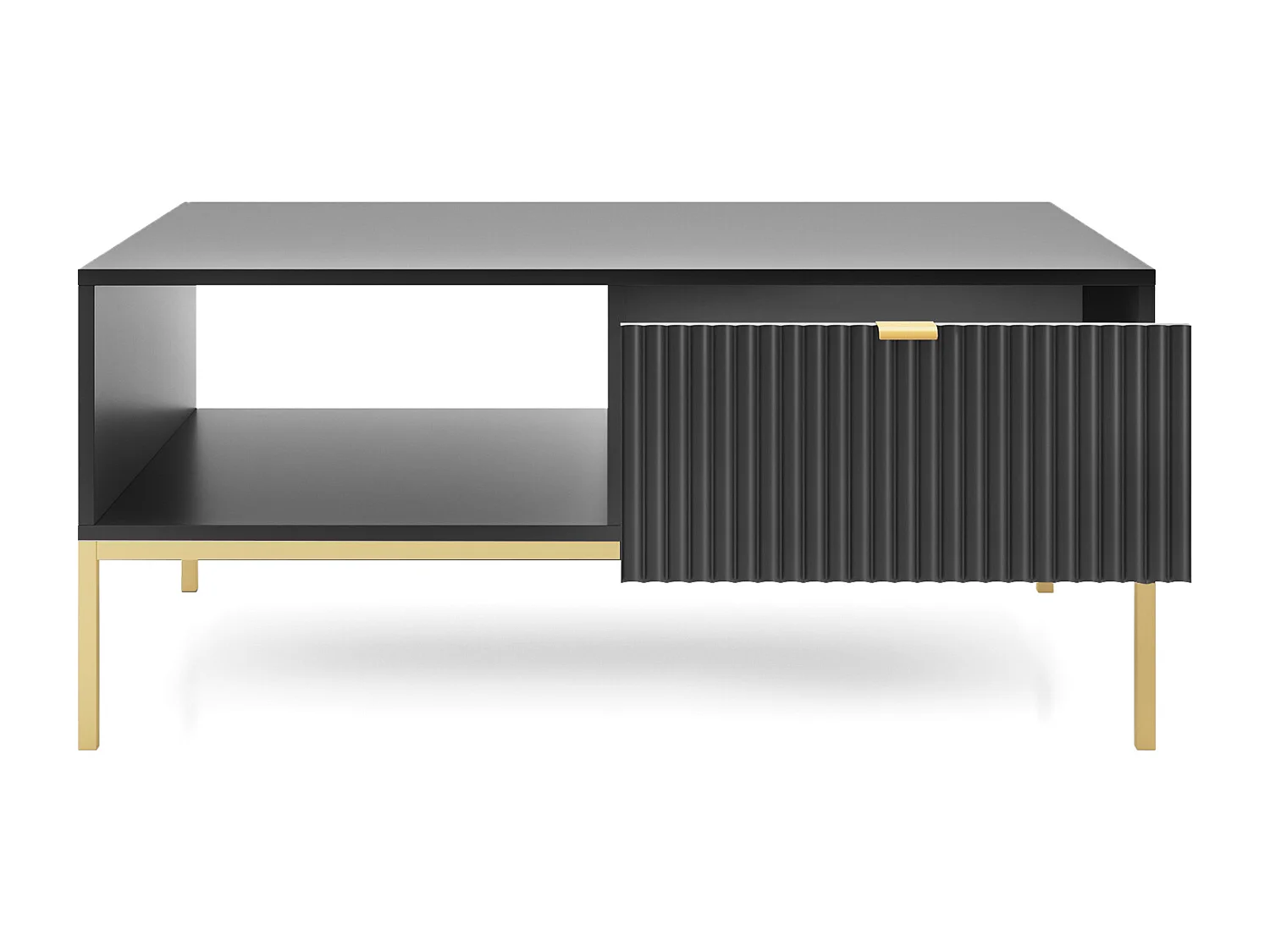 Table Basse Élégante DomoHome NOVA – Avec accent doré, Tiroir moderne en MDF, Pieds métal dorés, Design minimaliste, Noir, 104x104x46cm