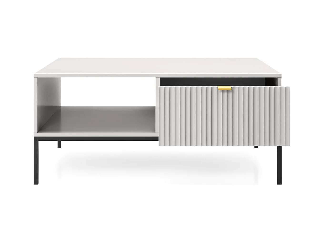 Table Basse Élégante DomoHome NOVA – Avec accent doré, Tiroir moderne en MDF, Pieds métal noirs, Design minimaliste, Gris, 104x104x46cm