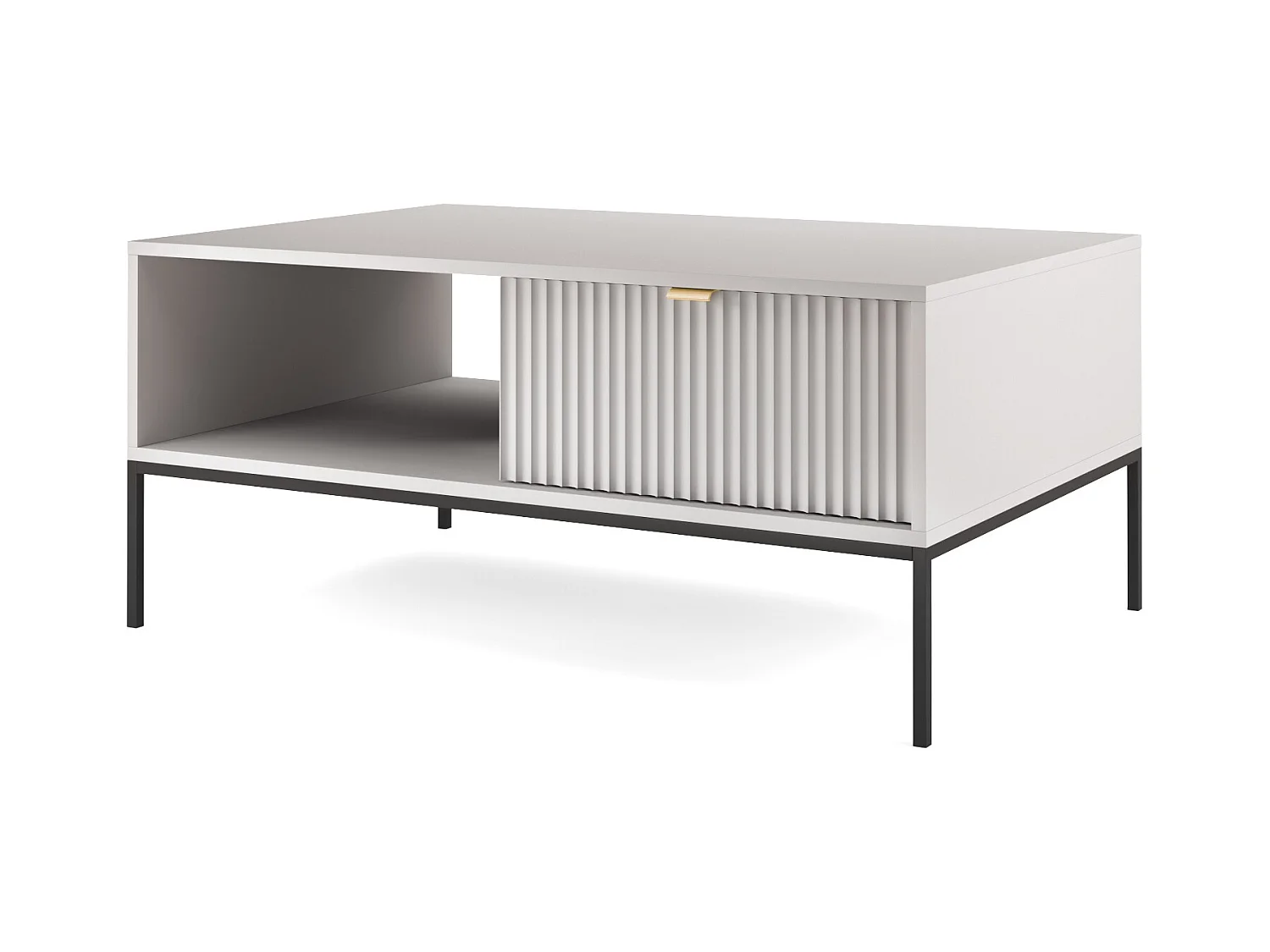 Table Basse Élégante DomoHome NOVA – Avec accent doré, Tiroir moderne en MDF, Pieds métal noirs, Design minimaliste, Gris, 104x104x46cm