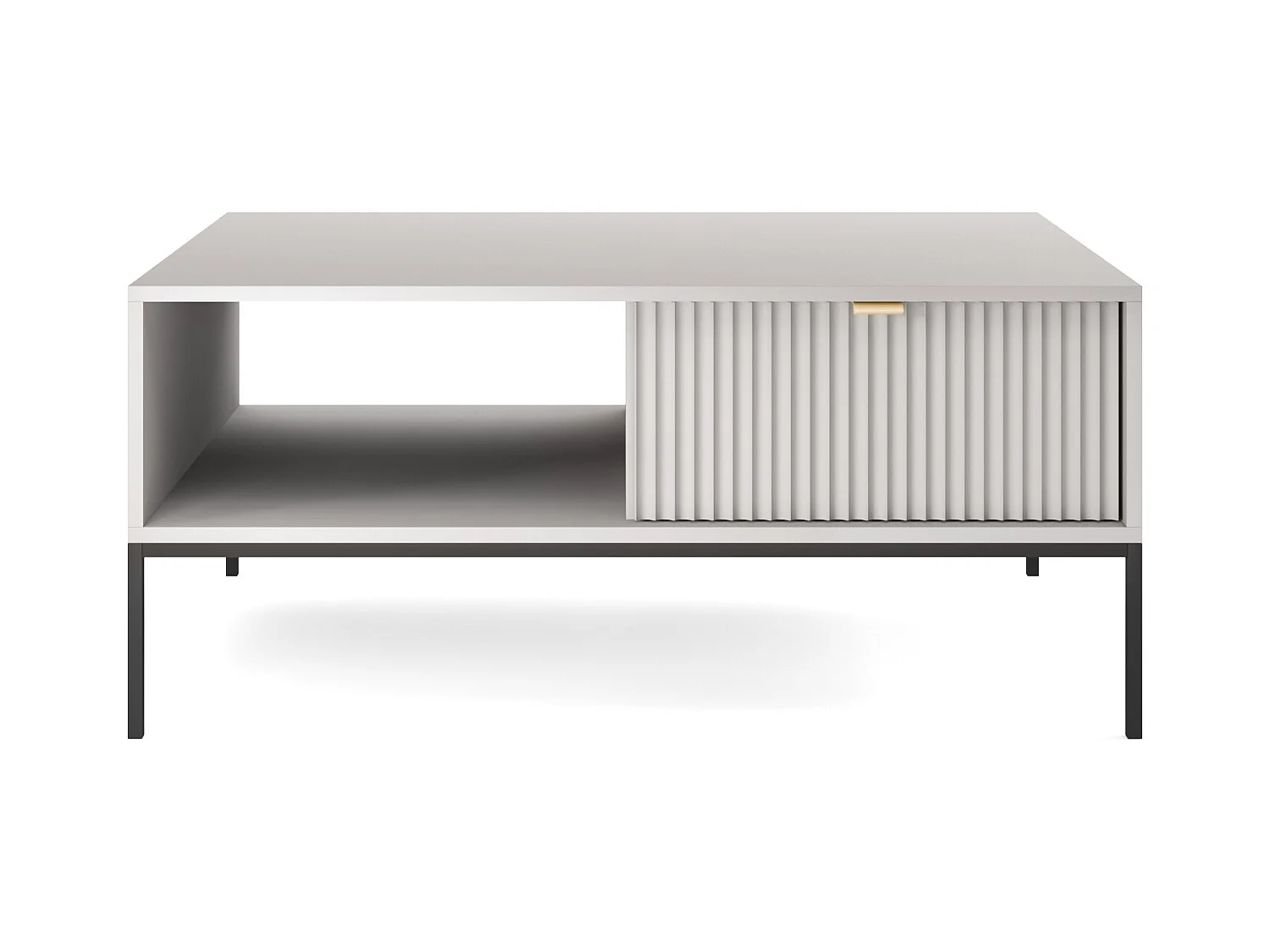Table Basse Élégante DomoHome NOVA – Avec accent doré, Tiroir moderne en MDF, Pieds métal noirs, Design minimaliste, Gris, 104x104x46cm