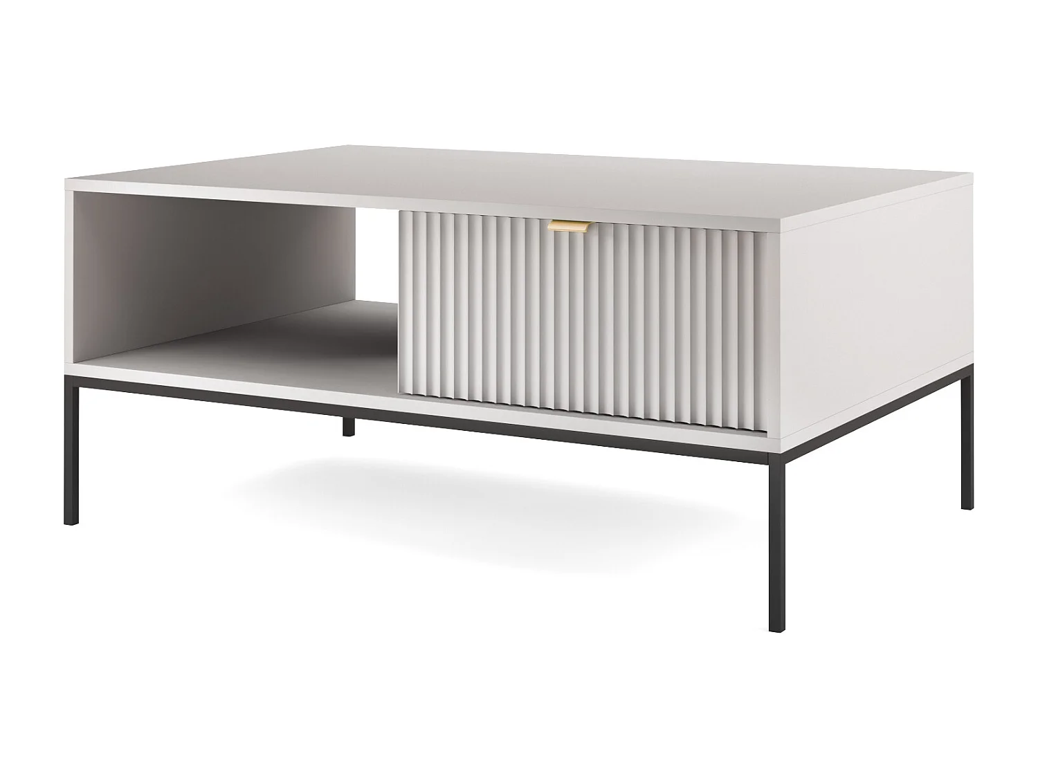 Elegante salontafel DomoHome NOVA – Met gouden accent, Moderne lade in MDF, Zwarte metalen poten, Minimalistisch ontwerp, Grijs, 104x104x46cm