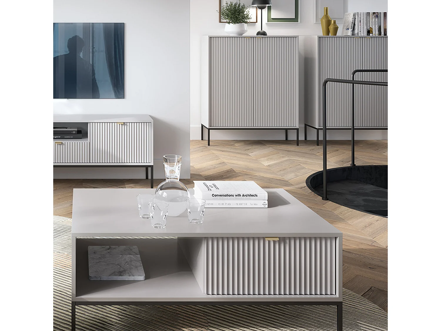 Elegante salontafel DomoHome NOVA – Met gouden accent, Moderne lade in MDF, Zwarte metalen poten, Minimalistisch ontwerp, Grijs, 104x104x46cm