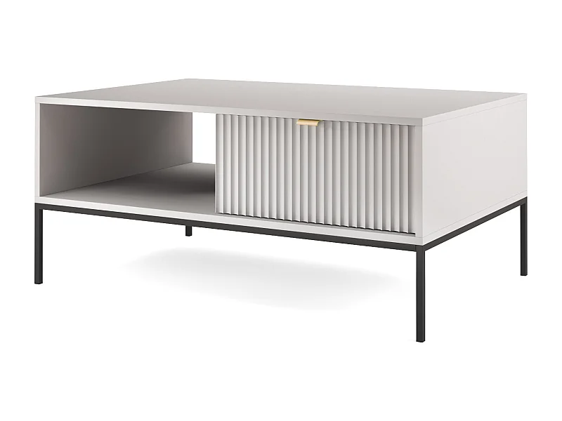 Table Basse Élégante DomoHome NOVA – Avec accent doré, Tiroir moderne en MDF, Pieds métal noirs, Design minimaliste, Gris, 104x104x46cm