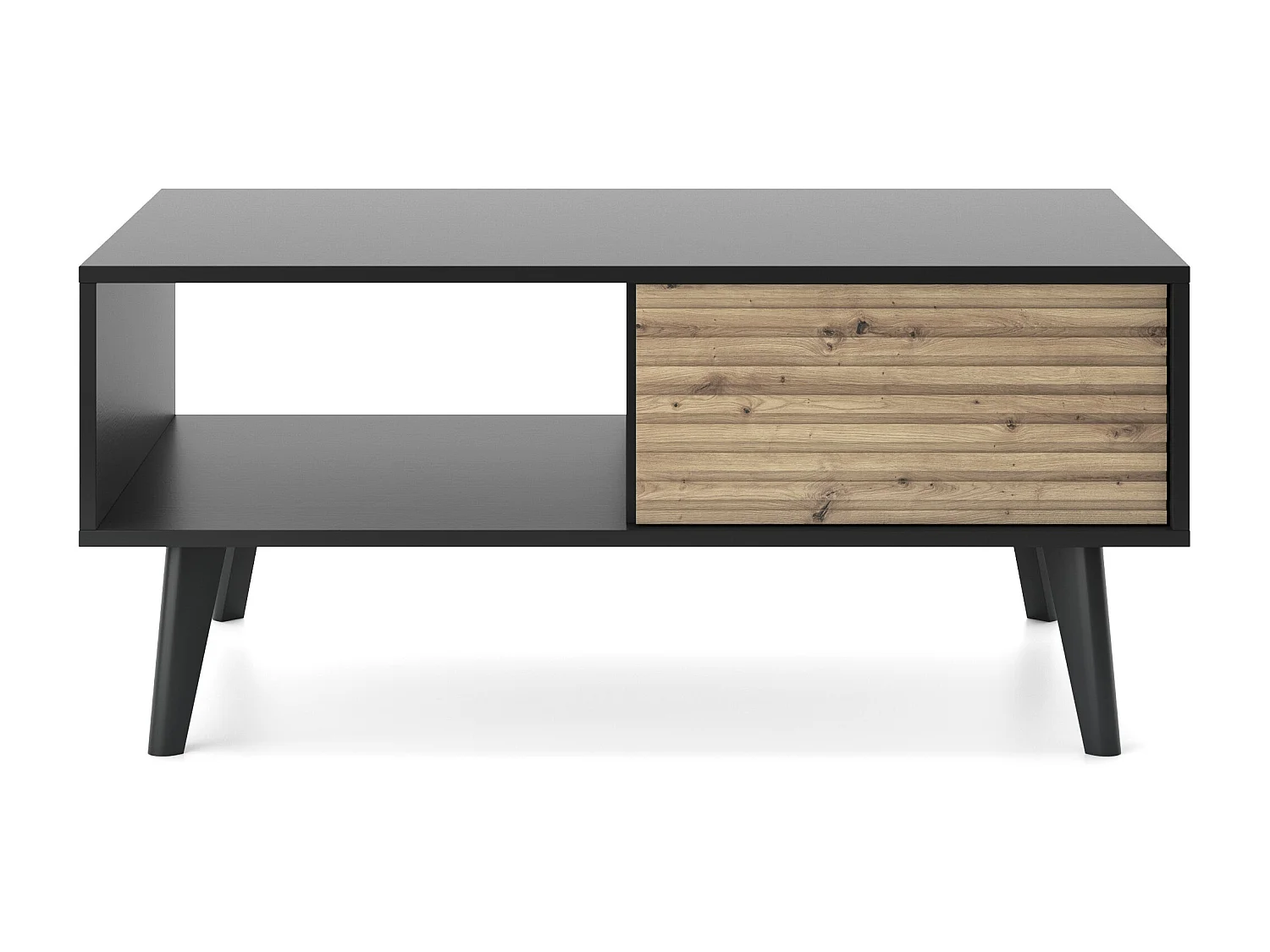 Table basse WILLOW Noir Chêne Artisan – 104x46x68 cm, Table de Salon avec 2 Tiroirs, Push-to-Open, Pieds en Bois