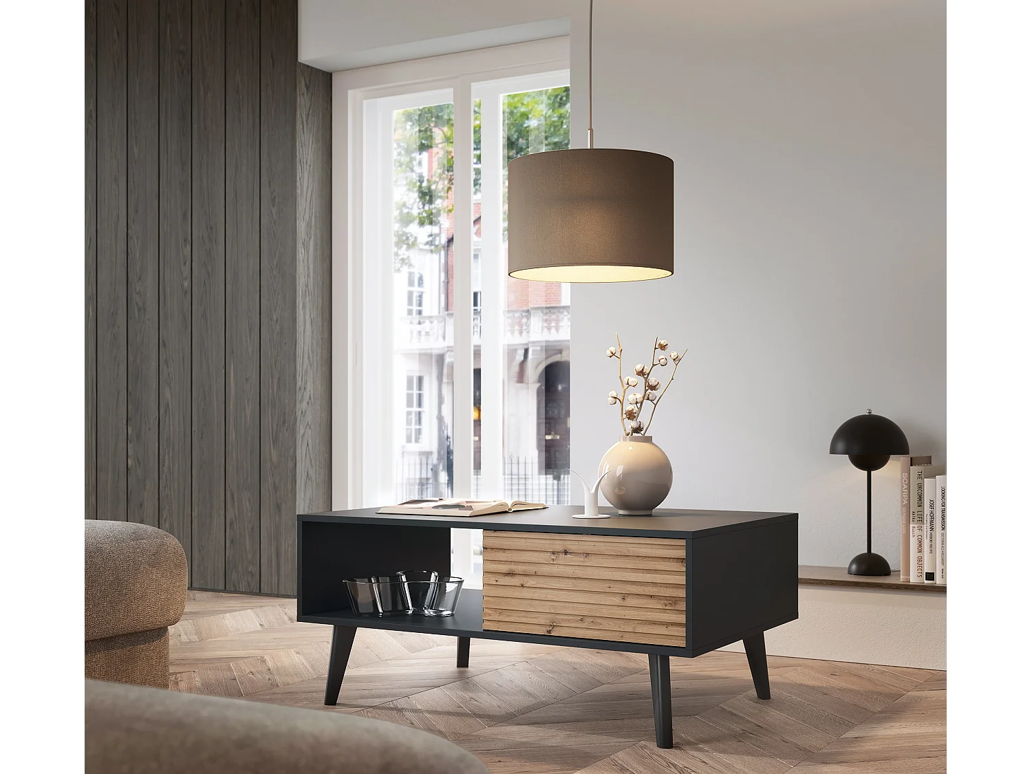 Table basse WILLOW Noir Chêne Artisan – 104x46x68 cm, Table de Salon avec 2 Tiroirs, Push-to-Open, Pieds en Bois