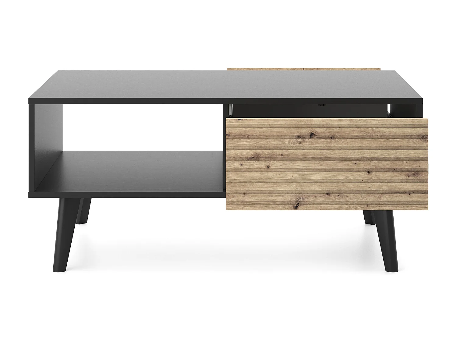 Table basse WILLOW Noir Chêne Artisan – 104x46x68 cm, Table de Salon avec 2 Tiroirs, Push-to-Open, Pieds en Bois