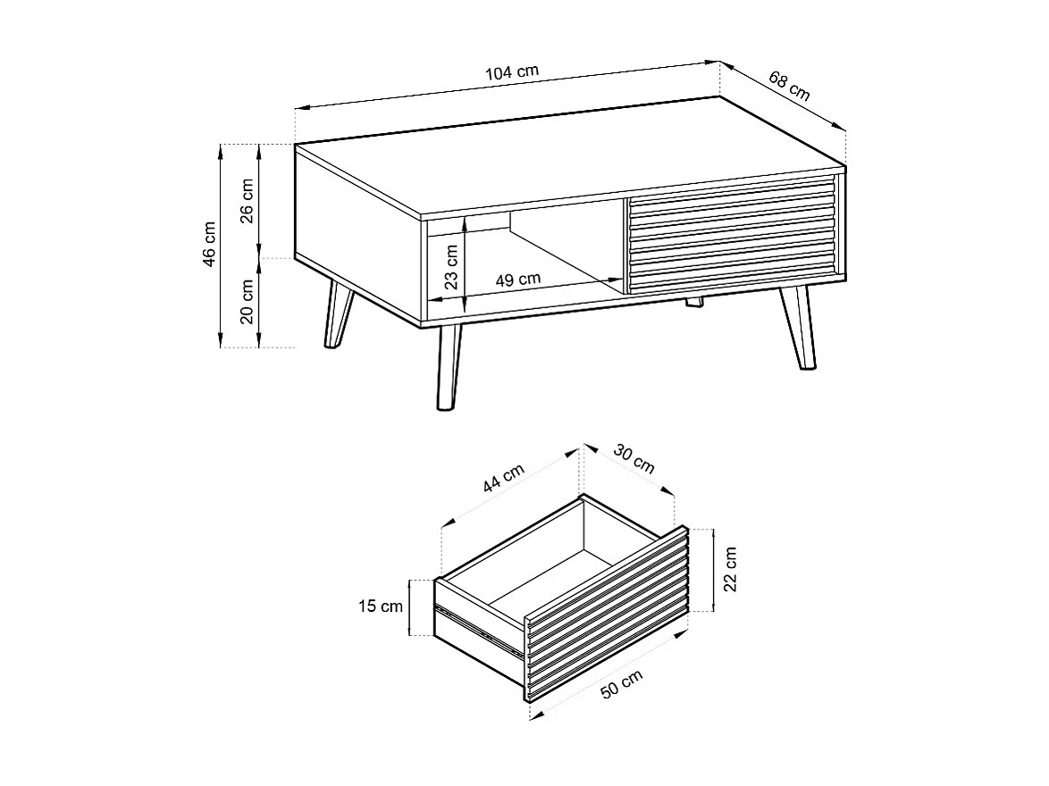 Table basse WILLOW Noir Chêne Artisan – 104x46x68 cm, Table de Salon avec 2 Tiroirs, Push-to-Open, Pieds en Bois