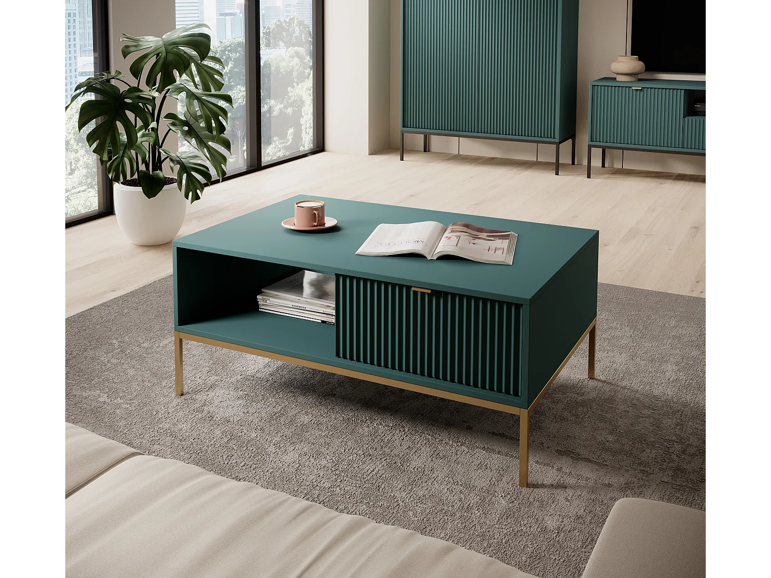 Elegante salontafel DomoHome NOVA – Met gouden accent, Moderne MDF lade, Gouden metalen poten, Minimalistisch ontwerp, Labrador, 104x104x46cm