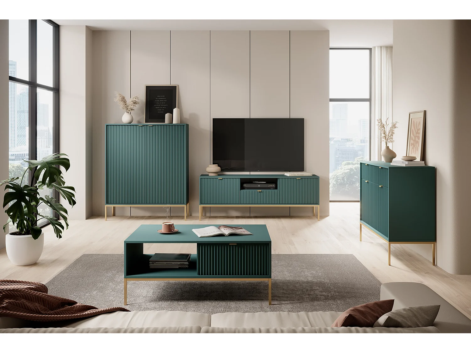 Elegante salontafel DomoHome NOVA – Met gouden accent, Moderne MDF lade, Gouden metalen poten, Minimalistisch ontwerp, Labrador, 104x104x46cm