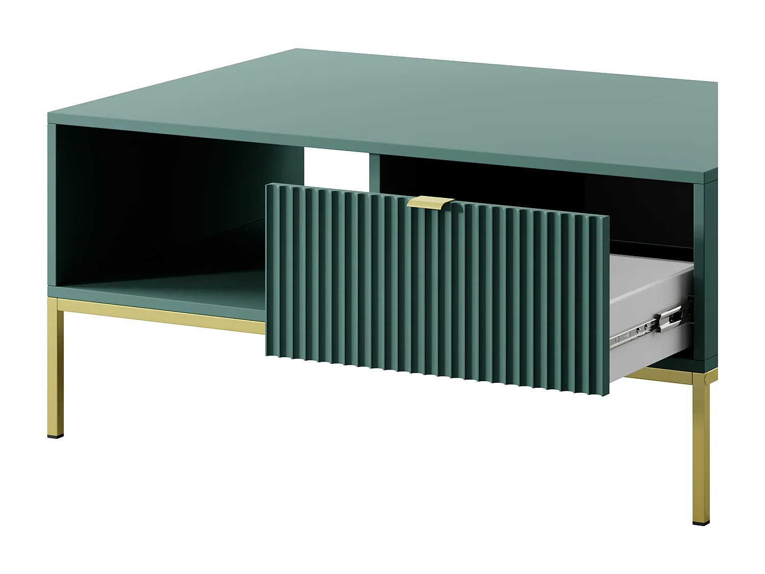 Table Basse Élégante DomoHome NOVA – Avec accent doré, Tiroir moderne en MDF, Pieds métal dorés, Design minimaliste, Labrador, 104x104x46cm