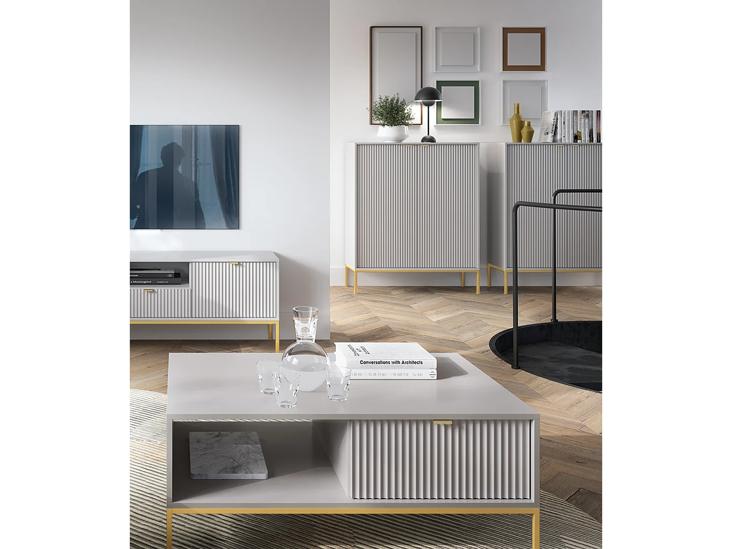 Stolik Kawowy Elegancki DomoHome NOVA – Z akcentem złotym, nowoczesna szuflada MDF, złote metalowe nogi, minimalistyczny design, Szary, 104x104x46cm