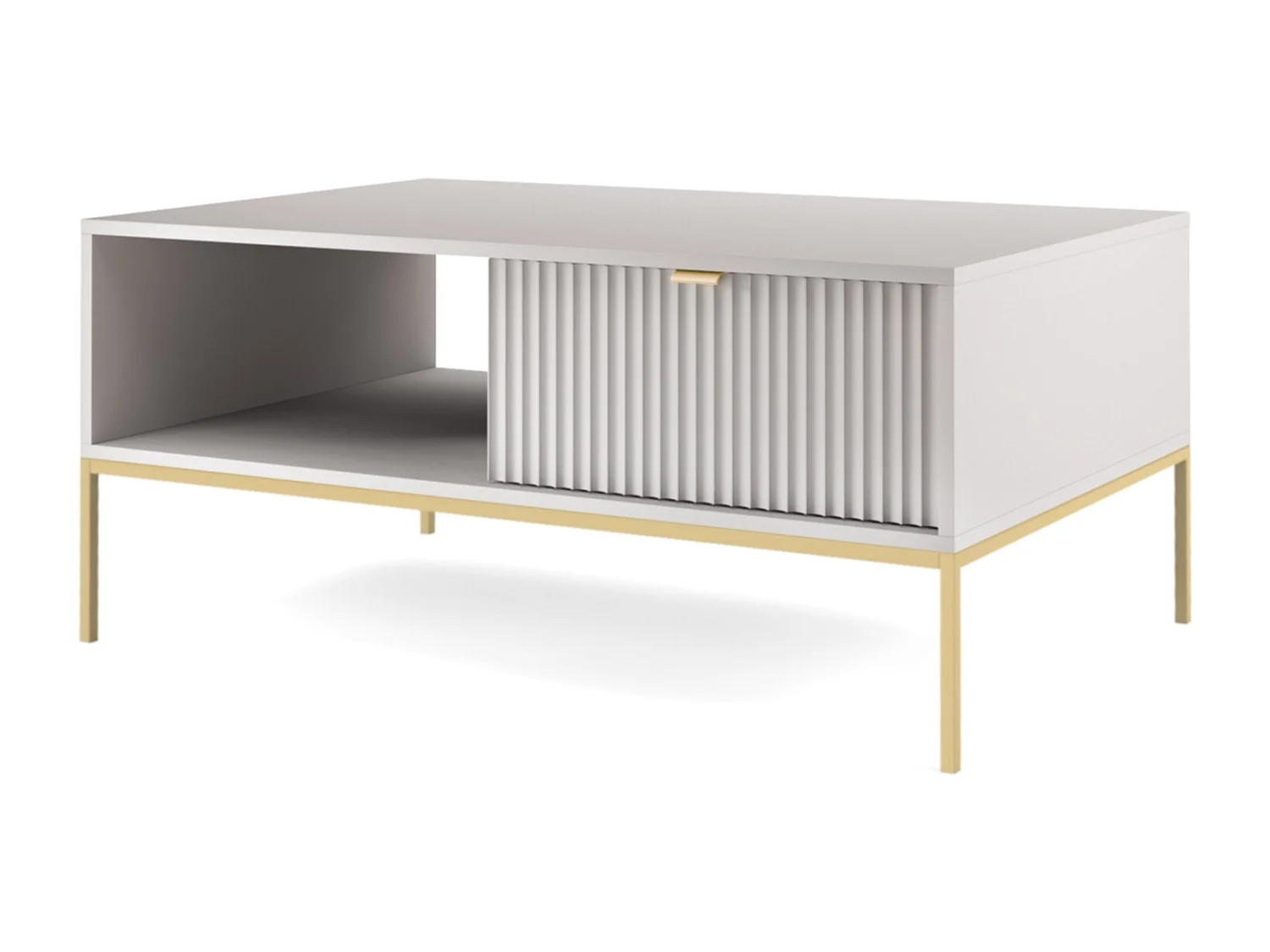 Table Basse Élégante DomoHome NOVA – Avec accent doré, Tiroir moderne en MDF, Pieds métal dorés, Design minimaliste, Gris, 104x104x46cm