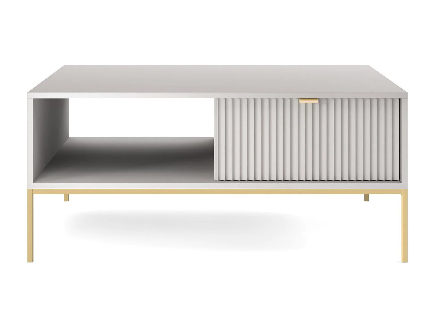 Table Basse Élégante DomoHome NOVA – Avec accent doré, Tiroir moderne en MDF, Pieds métal dorés, Design minimaliste, Gris, 104x104x46cm