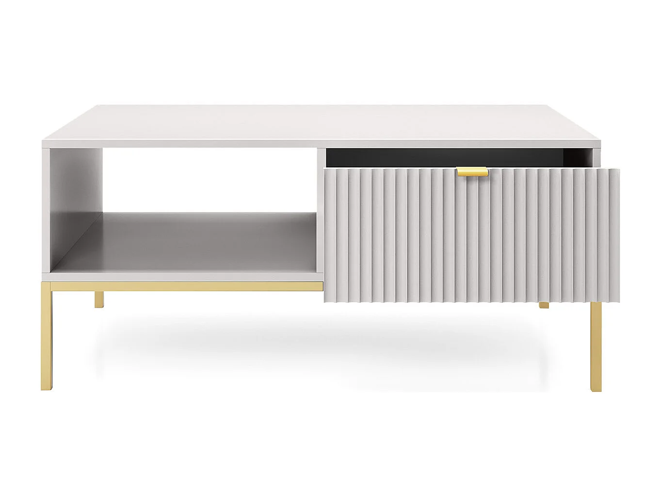 Table Basse Élégante DomoHome NOVA – Avec accent doré, Tiroir moderne en MDF, Pieds métal dorés, Design minimaliste, Gris, 104x104x46cm