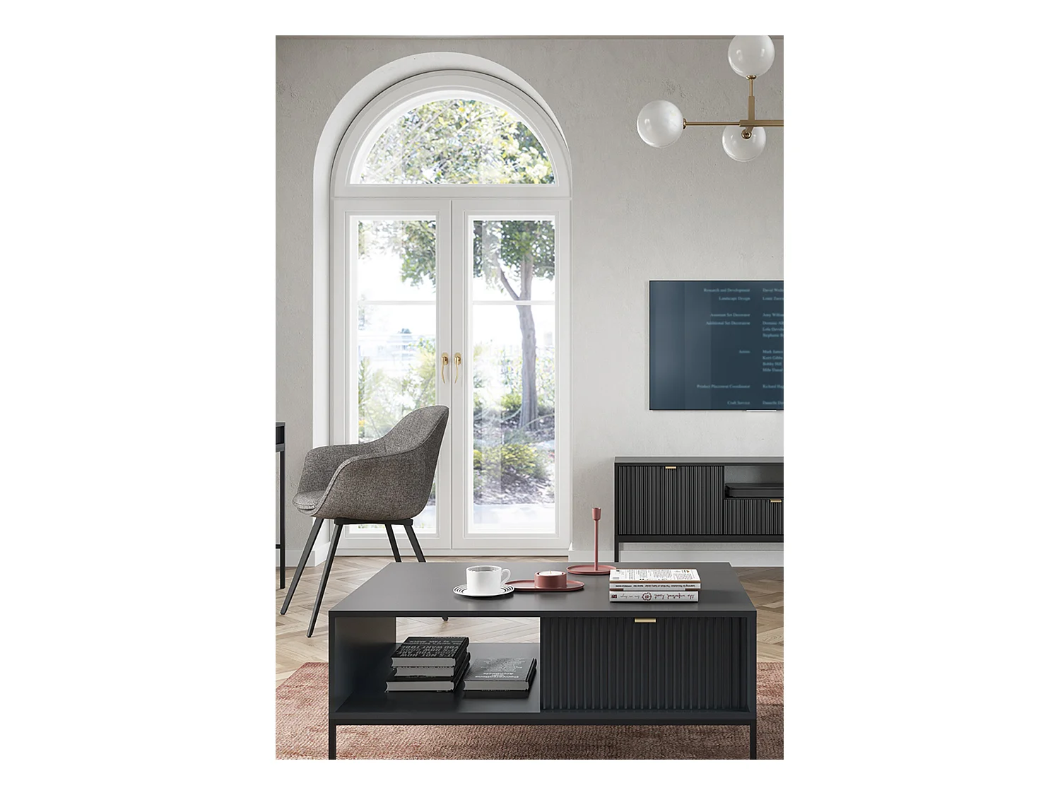 Table Basse Élégante DomoHome NOVA – Avec accent doré, Tiroir moderne en MDF, Pieds métal noirs, Design minimaliste, Noir, 104x104x46cm