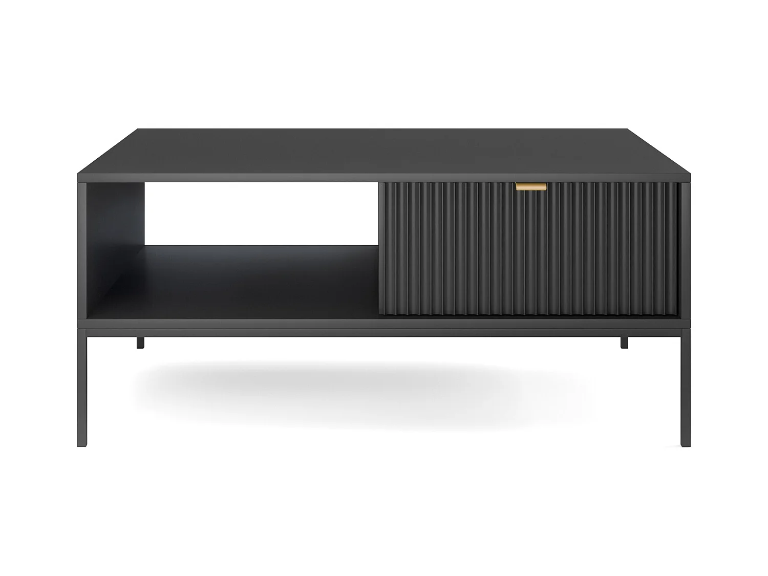 Table Basse Élégante DomoHome NOVA – Avec accent doré, Tiroir moderne en MDF, Pieds métal noirs, Design minimaliste, Noir, 104x104x46cm