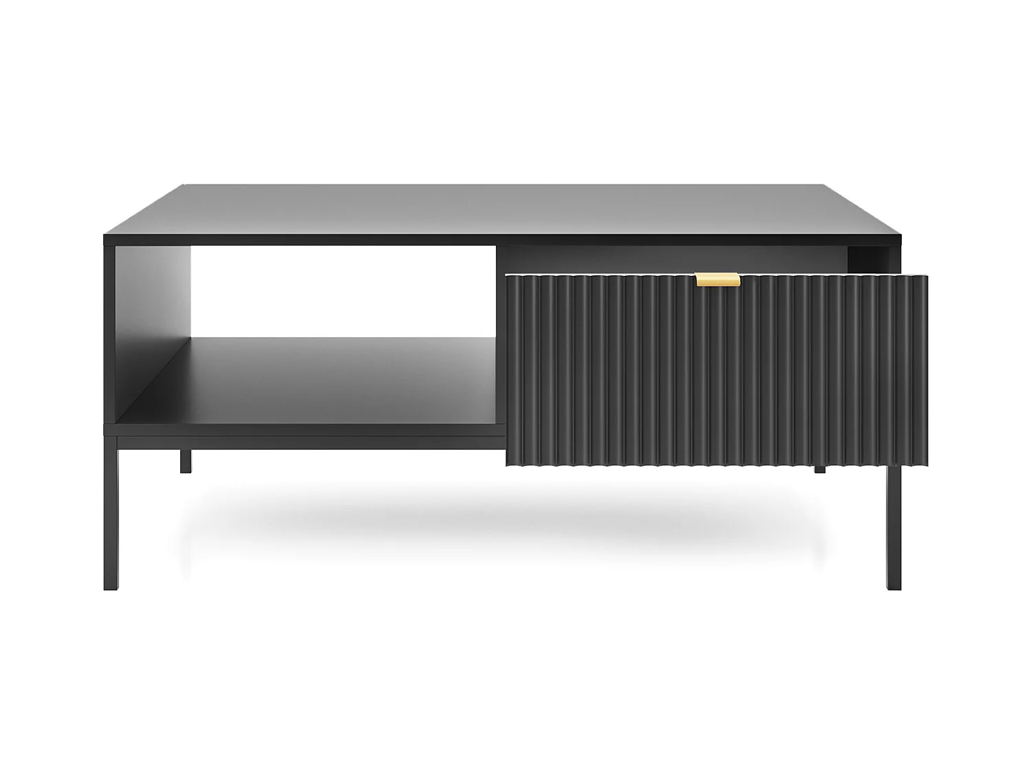Table Basse Élégante DomoHome NOVA – Avec accent doré, Tiroir moderne en MDF, Pieds métal noirs, Design minimaliste, Noir, 104x104x46cm