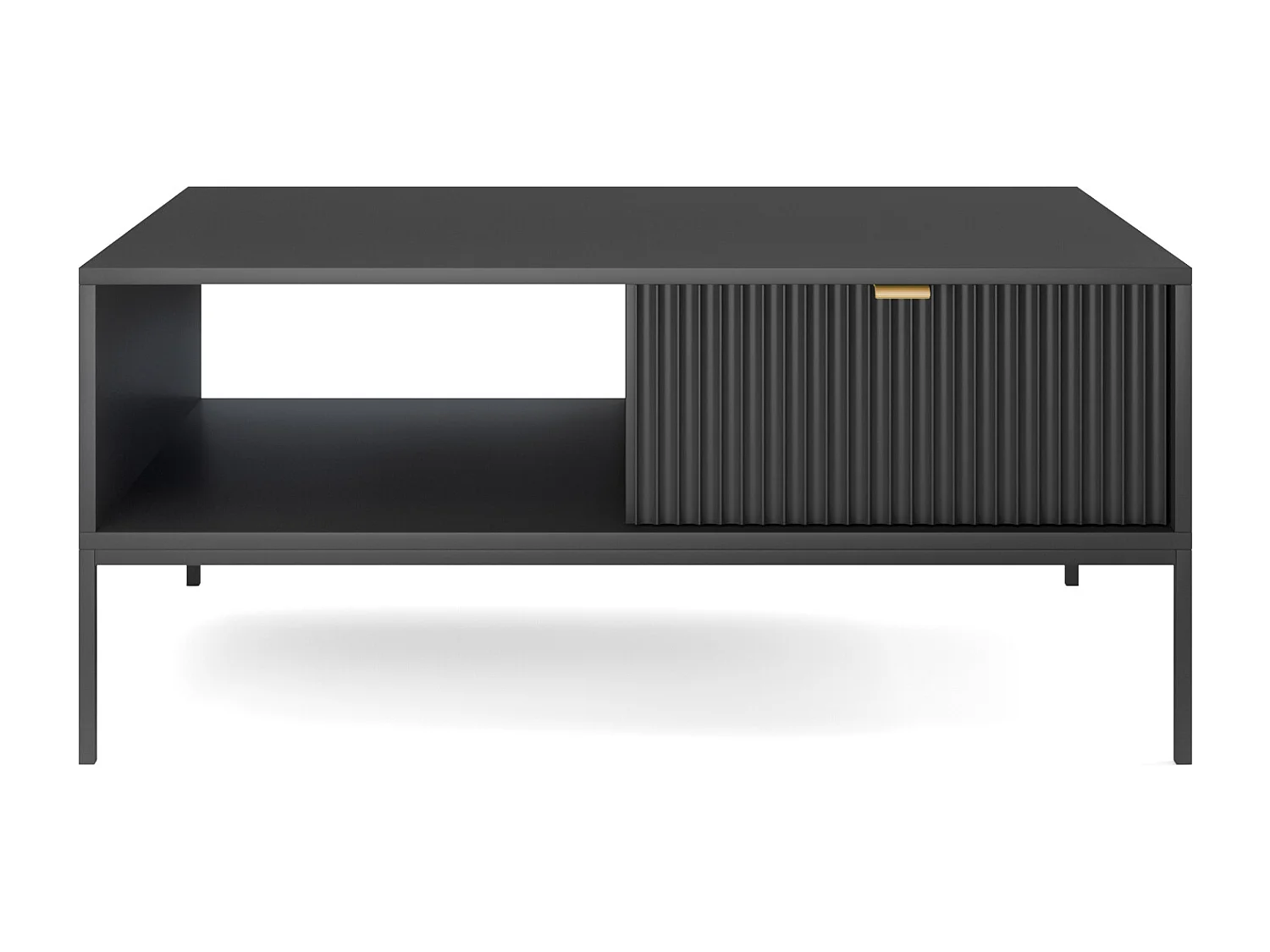 Table Basse Élégante DomoHome NOVA – Avec accent doré, Tiroir moderne en MDF, Pieds métal noirs, Design minimaliste, Noir, 104x104x46cm