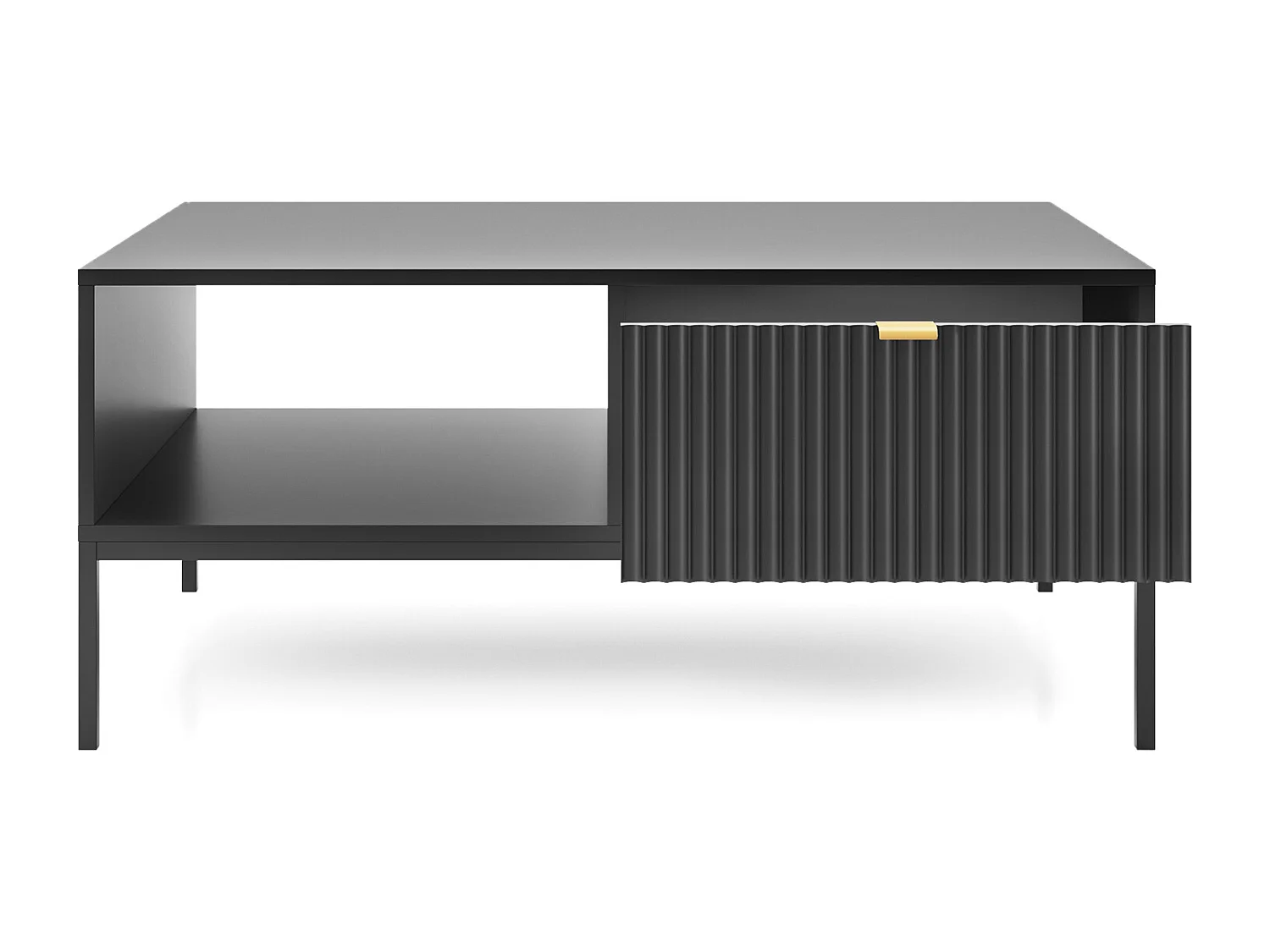 Table Basse Élégante DomoHome NOVA – Avec accent doré, Tiroir moderne en MDF, Pieds métal noirs, Design minimaliste, Noir, 104x104x46cm