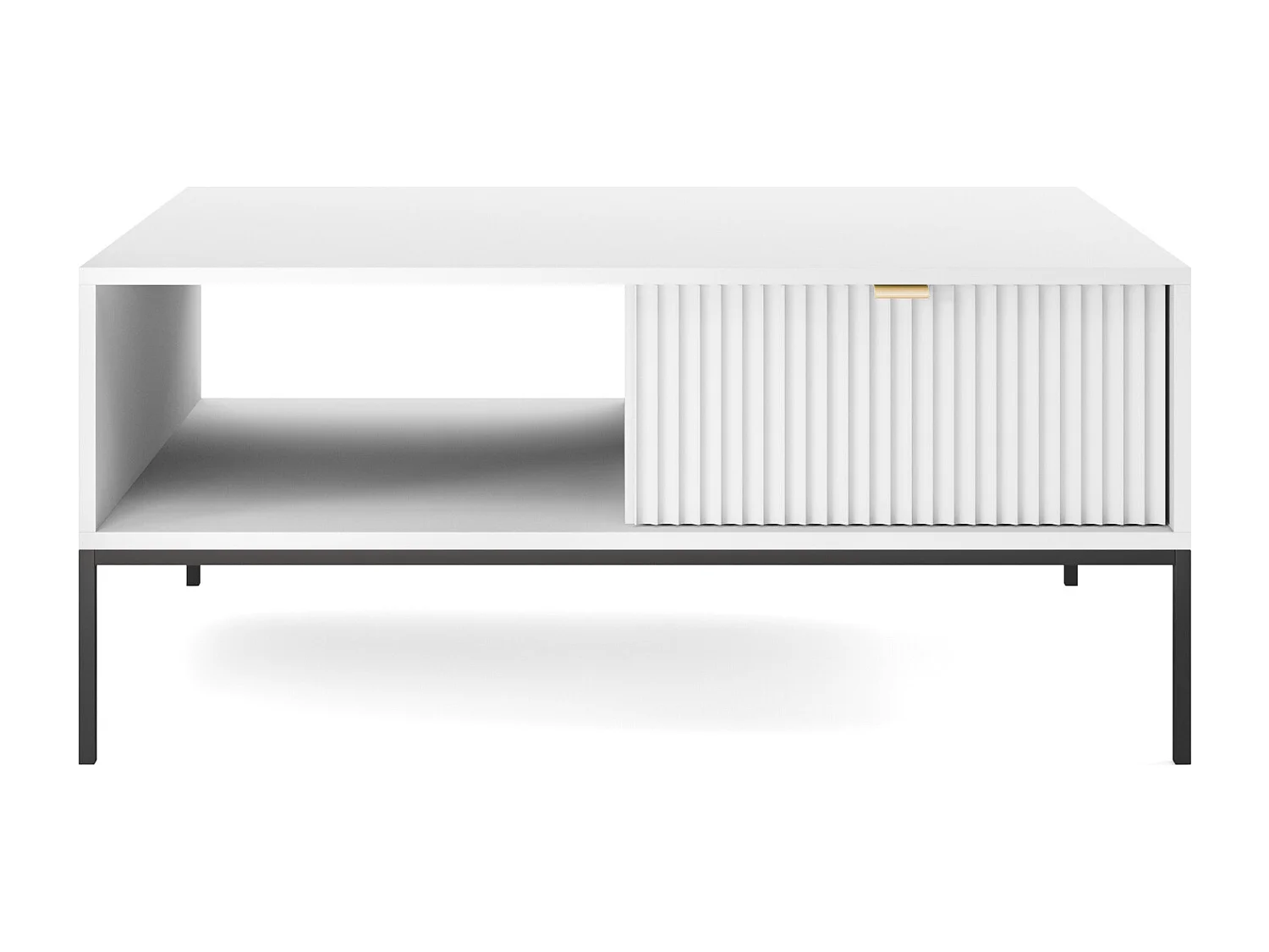 Elegante salontafel DomoHome NOVA – Met gouden accent, Moderne lade in MDF, Zwarte metalen poten, Minimalistisch ontwerp, Wit, 104x104x46cm