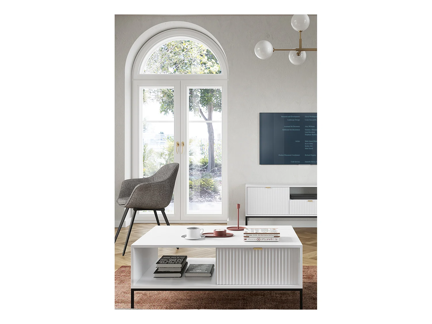 Table Basse Élégante DomoHome NOVA – Avec accent doré, Tiroir moderne en MDF, Pieds métal noirs, Design minimaliste, Blanc, 104x104x46cm