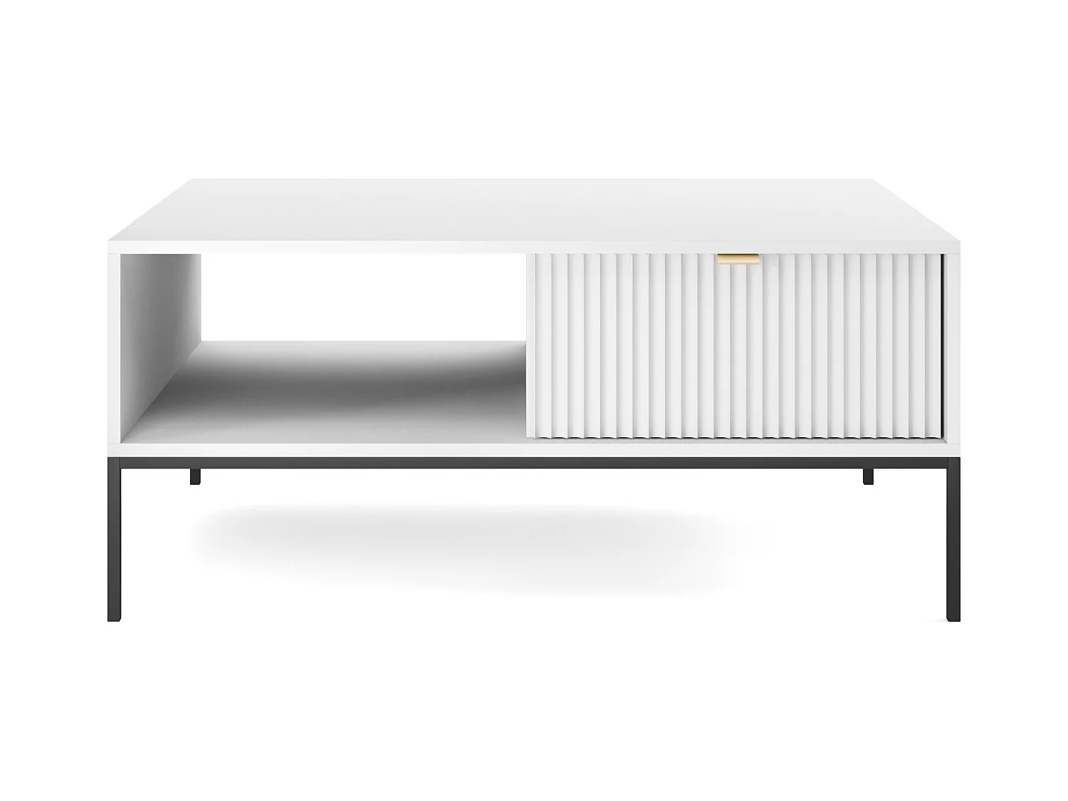 Table Basse Élégante DomoHome NOVA – Avec accent doré, Tiroir moderne en MDF, Pieds métal noirs, Design minimaliste, Blanc, 104x104x46cm