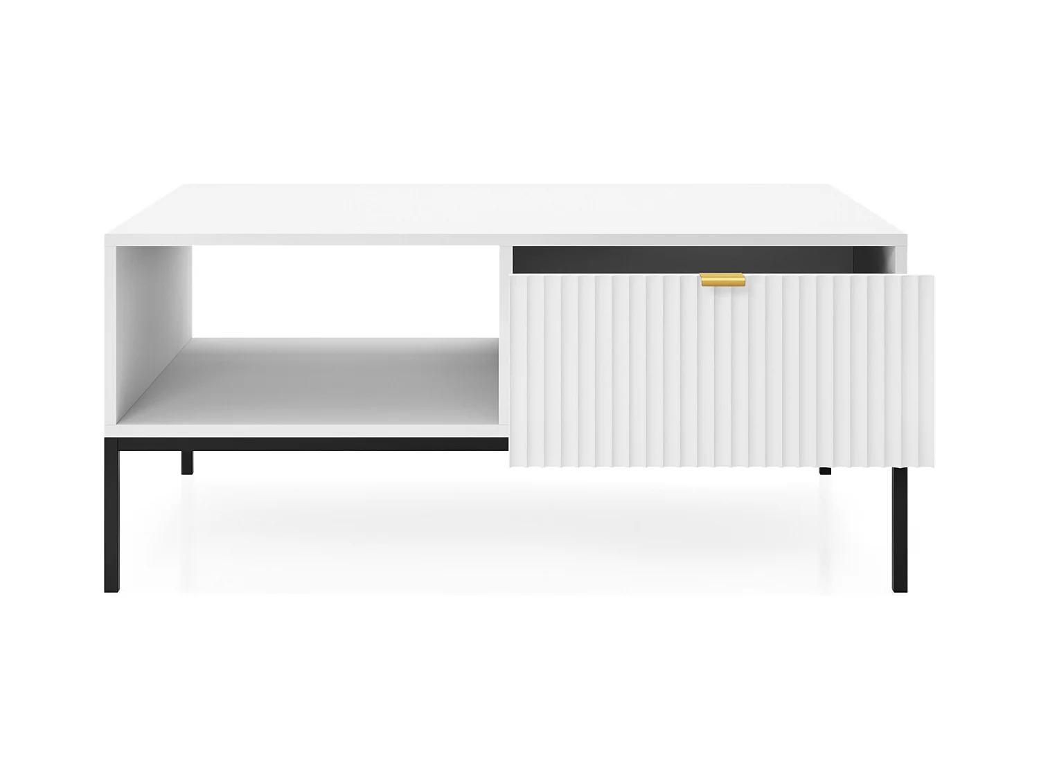 Table Basse Élégante DomoHome NOVA – Avec accent doré, Tiroir moderne en MDF, Pieds métal noirs, Design minimaliste, Blanc, 104x104x46cm
