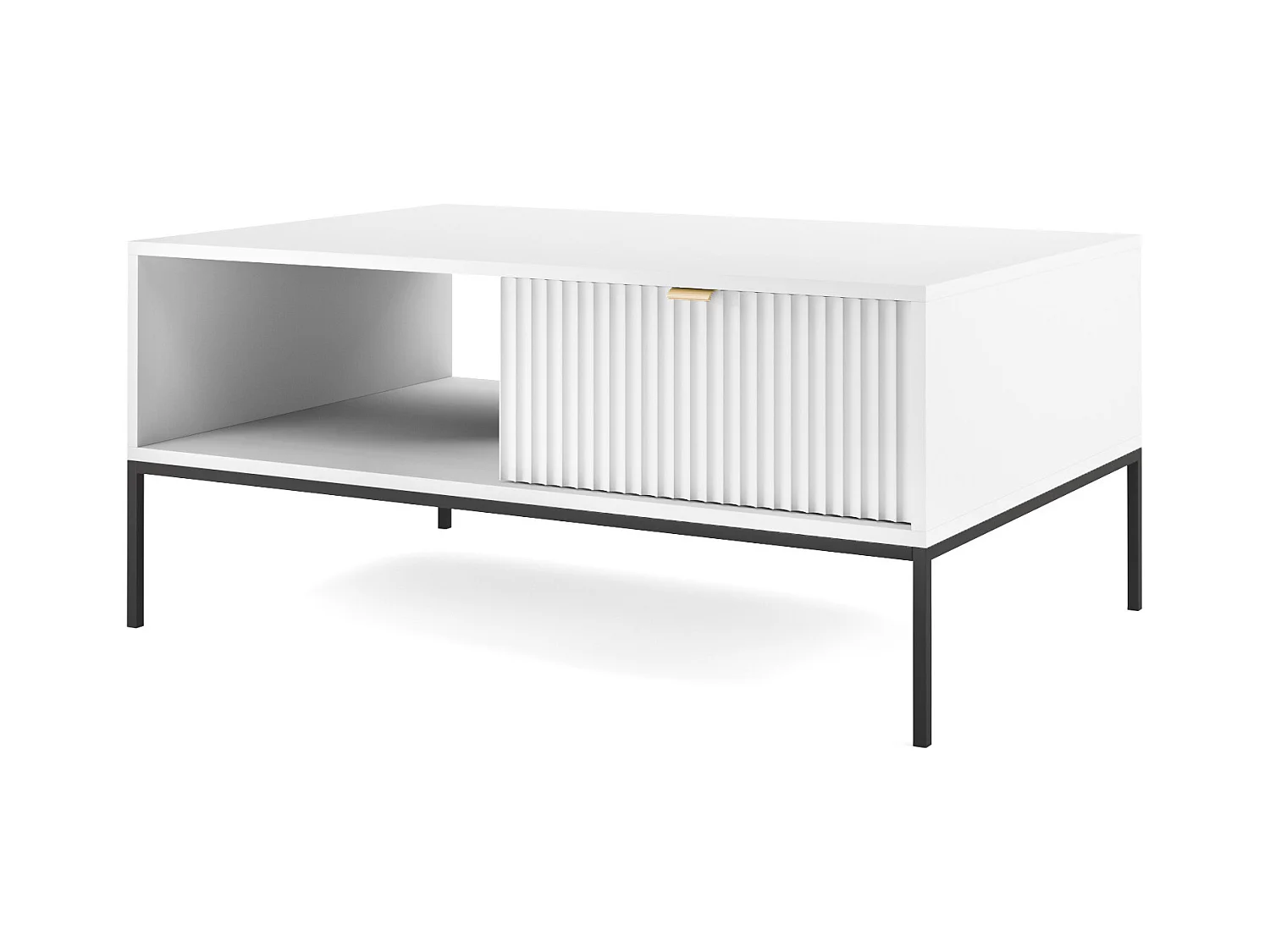 Table Basse Élégante DomoHome NOVA – Avec accent doré, Tiroir moderne en MDF, Pieds métal noirs, Design minimaliste, Blanc, 104x104x46cm