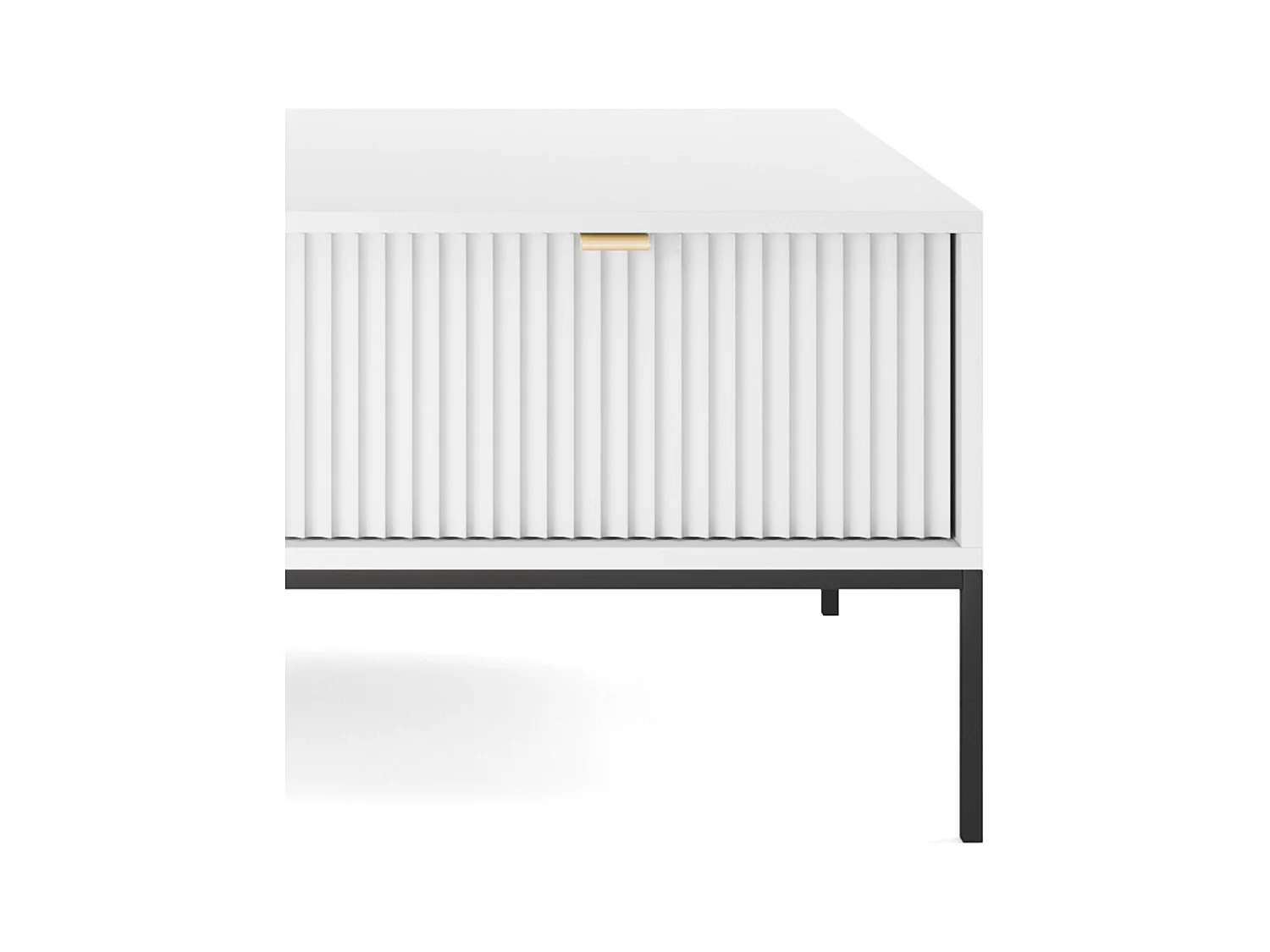 Table Basse Élégante DomoHome NOVA – Avec accent doré, Tiroir moderne en MDF, Pieds métal noirs, Design minimaliste, Blanc, 104x104x46cm