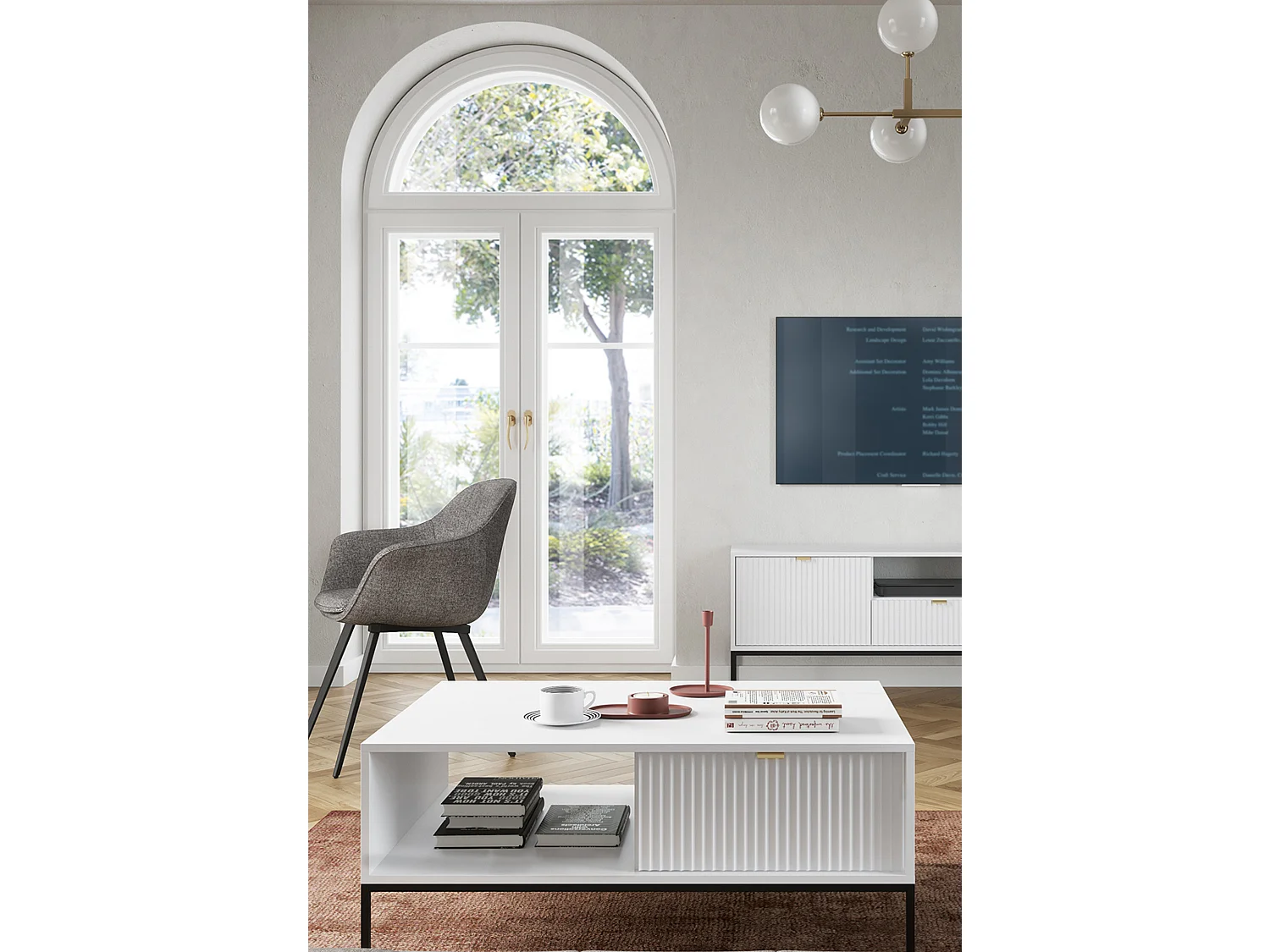 Table Basse Élégante DomoHome NOVA – Avec accent doré, Tiroir moderne en MDF, Pieds métal noirs, Design minimaliste, Blanc, 104x104x46cm