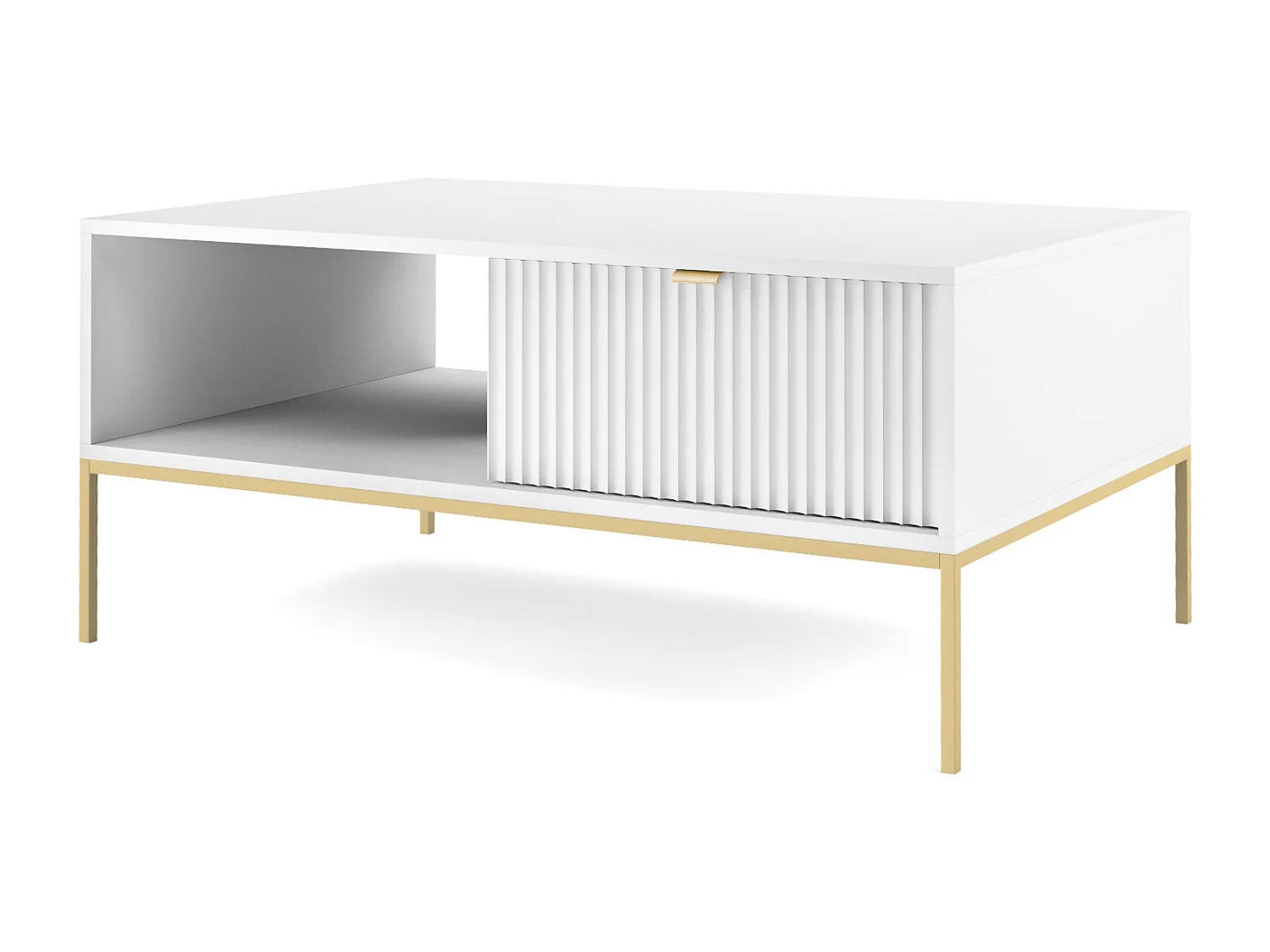Stolik Kawowy Elegancki DomoHome NOVA – Z akcentem złotym, nowoczesna szuflada MDF, złote metalowe nogi, minimalistyczny design, Biały, 104x104x46cm