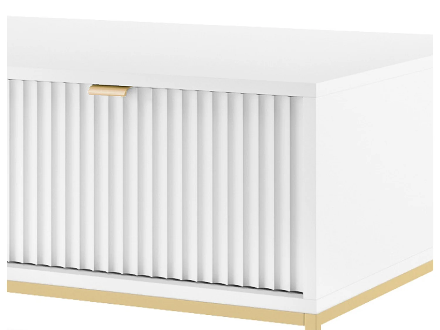 Table Basse Élégante DomoHome NOVA – Avec accent doré, Tiroir moderne en MDF, Pieds métal dorés, Design minimaliste, Blanc, 104x104x46cm