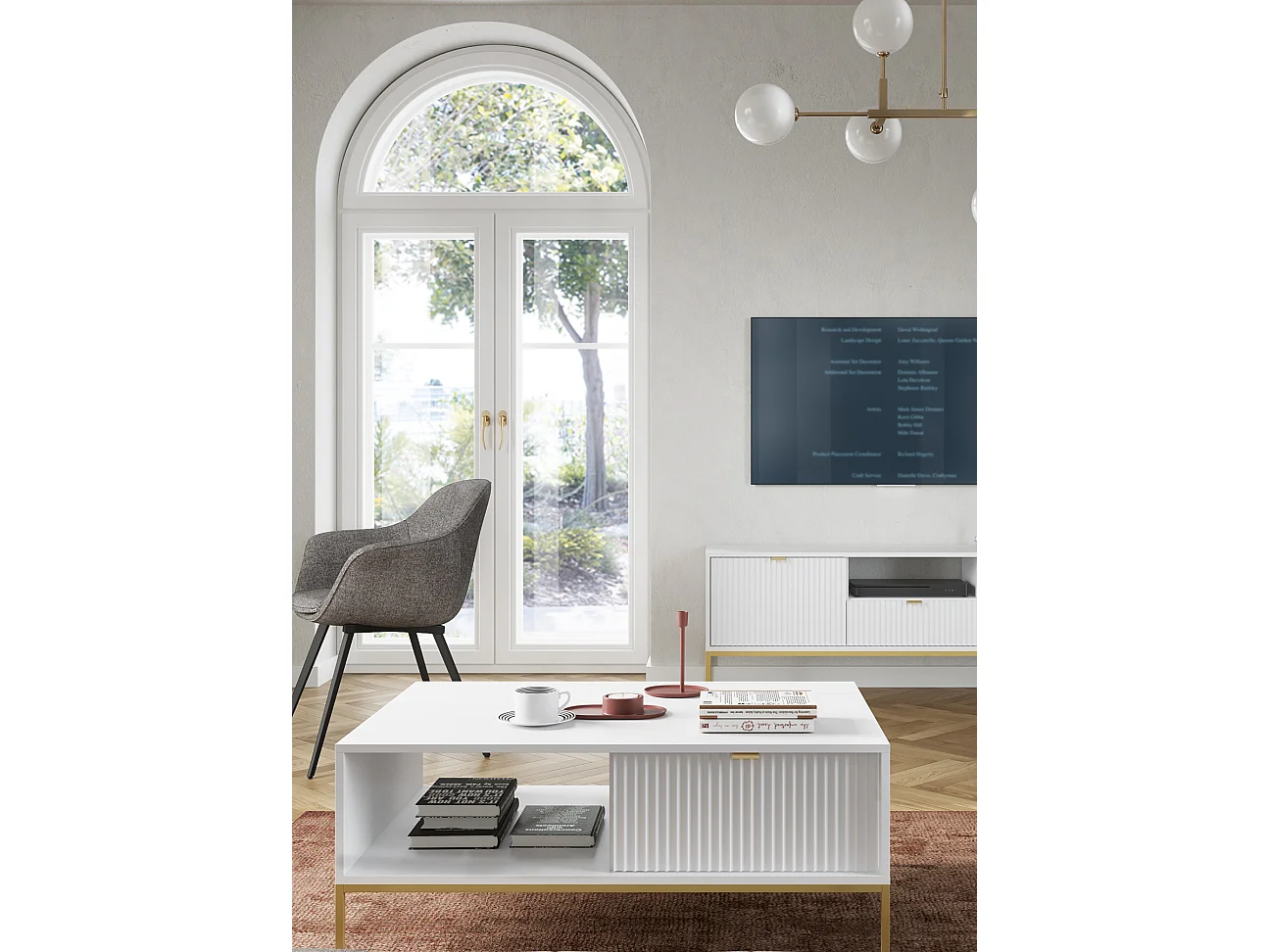 Table Basse Élégante DomoHome NOVA – Avec accent doré, Tiroir moderne en MDF, Pieds métal dorés, Design minimaliste, Blanc, 104x104x46cm