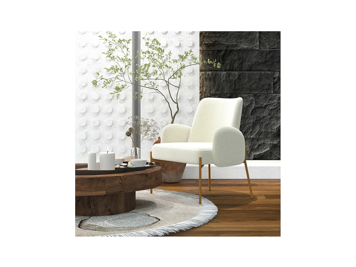 ALEX-Fauteuil en tissu Cozy Ecru et métal chêne
