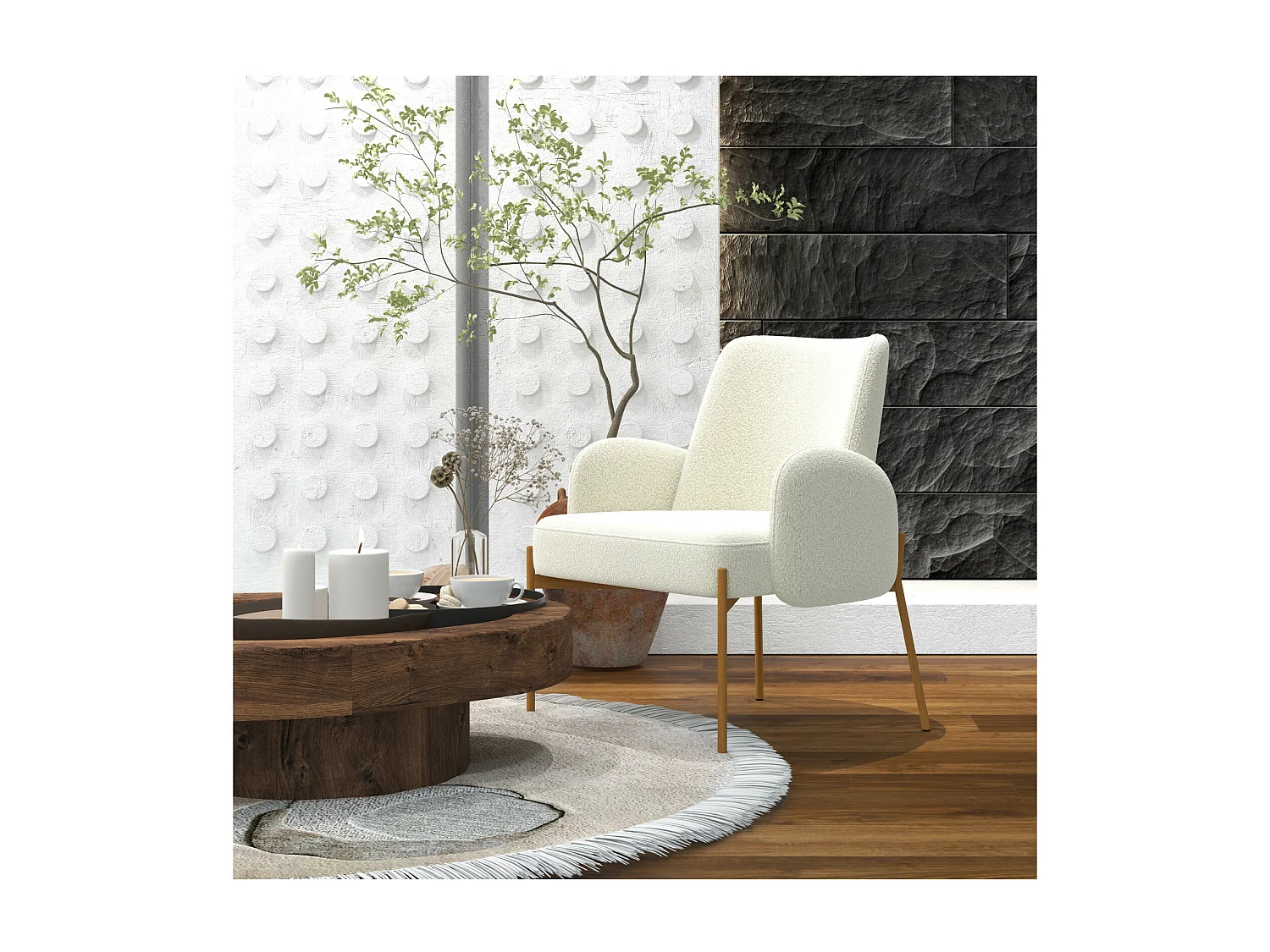 ALEX-Sillón de tela Cozy Ecru y metal roble