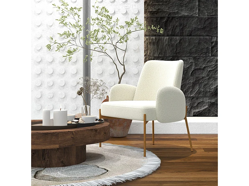 ALEX-Poltrona in tessuto Cozy Ecru e metallo rovere