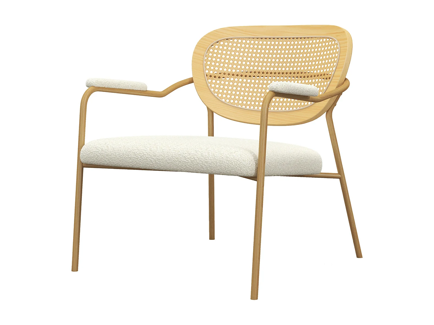 RETRO-Poltrona in tessuto ecrù, rattan e metallo