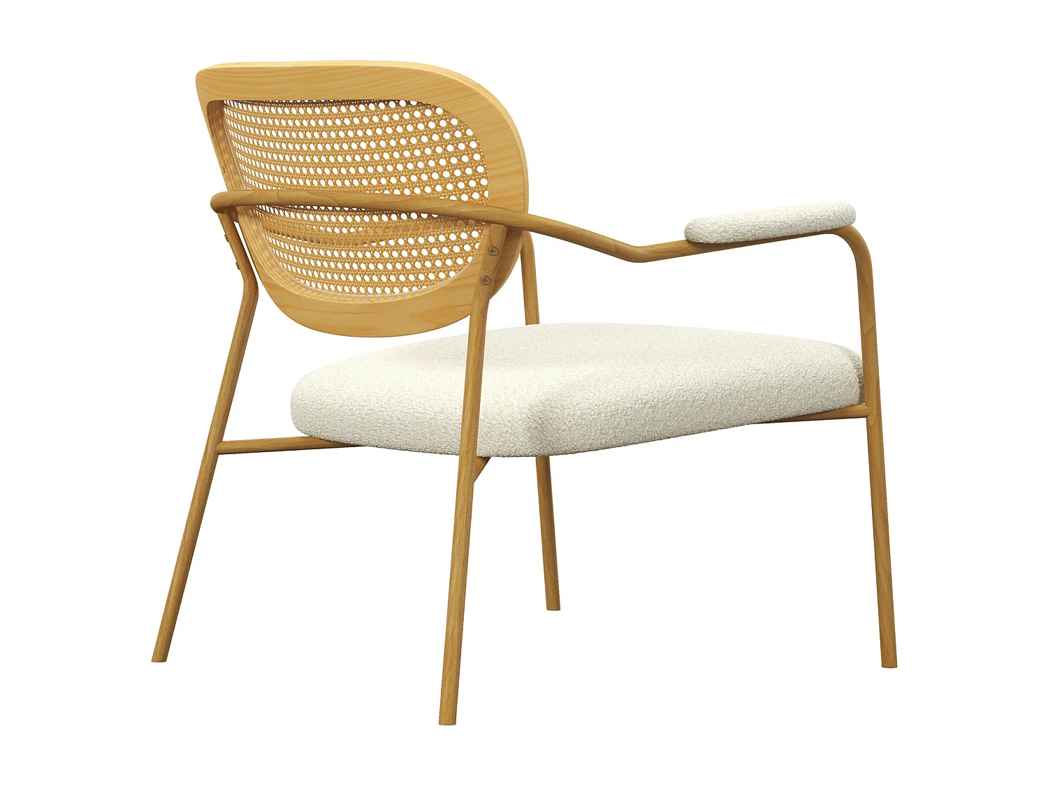 RETRO-Poltrona in tessuto ecrù, rattan e metallo