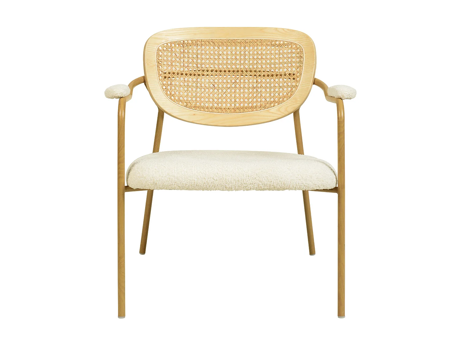 RETRO-Poltrona in tessuto ecrù, rattan e metallo