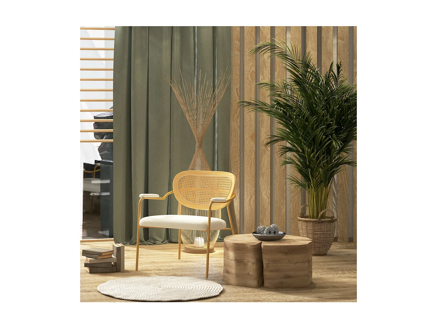 RETRO-Poltrona in tessuto ecrù, rattan e metallo