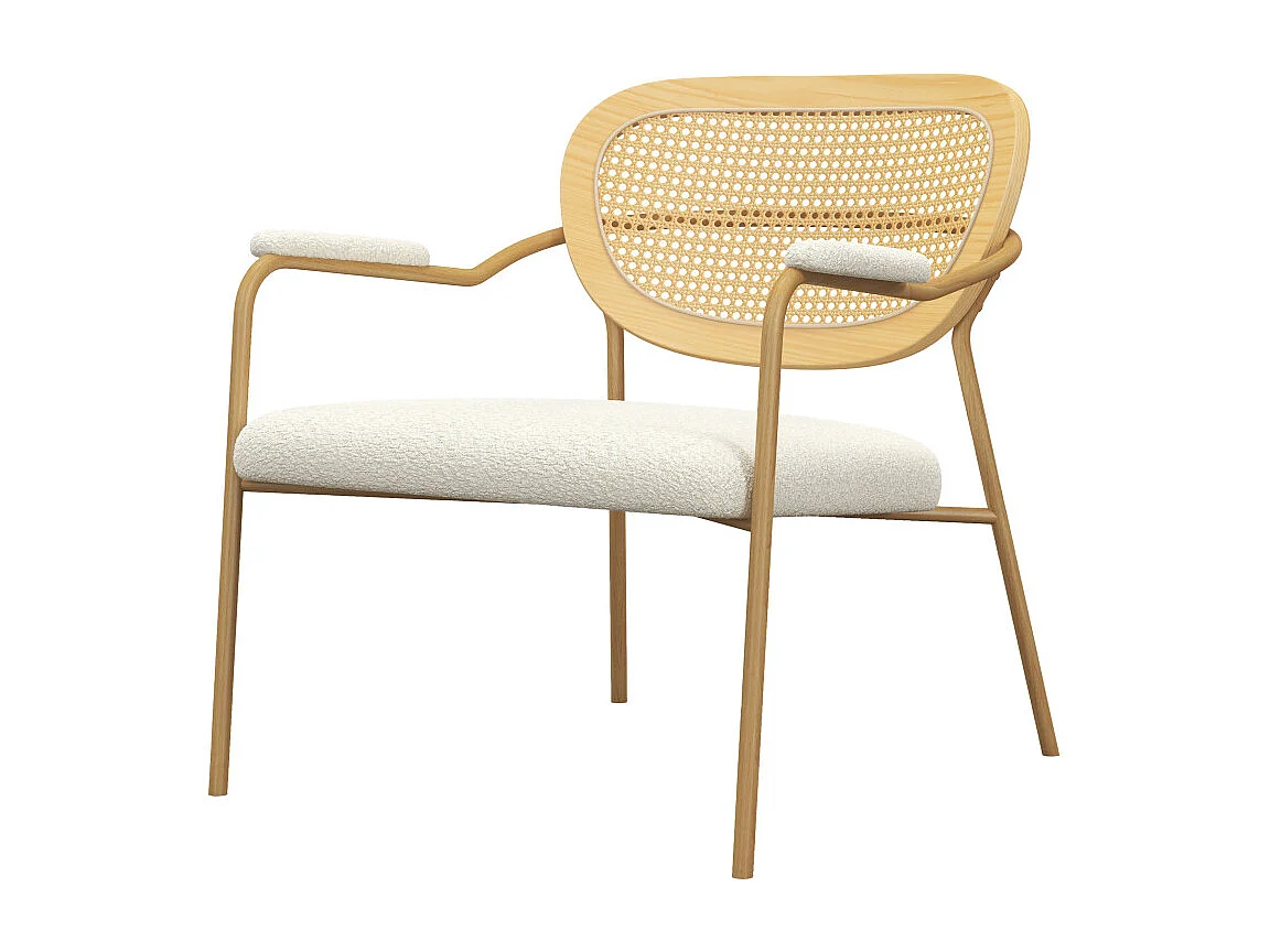 RETRO-Poltrona in tessuto ecrù, rattan e metallo