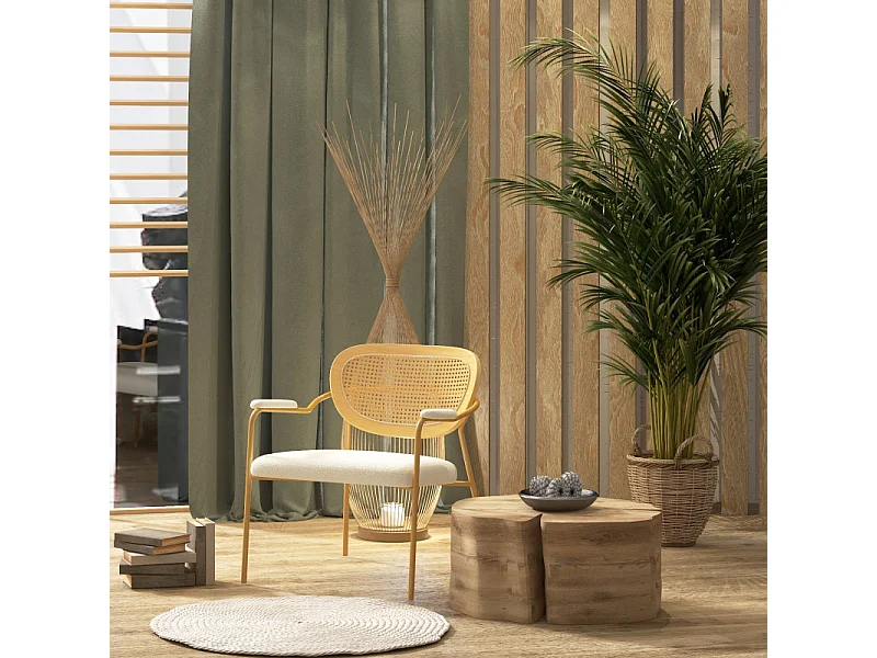 RETRO-Poltrona in tessuto ecrù, rattan e metallo