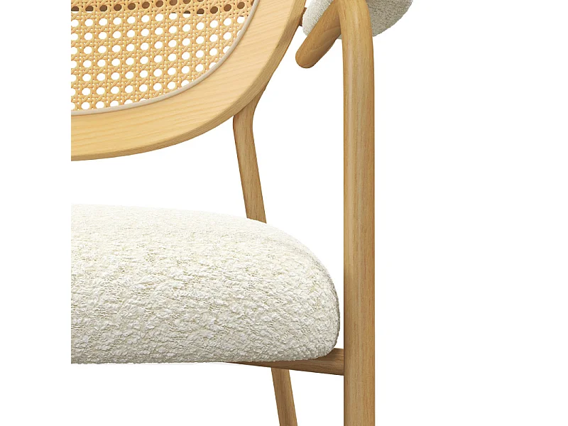 RETRO-Poltrona in tessuto ecrù, rattan e metallo