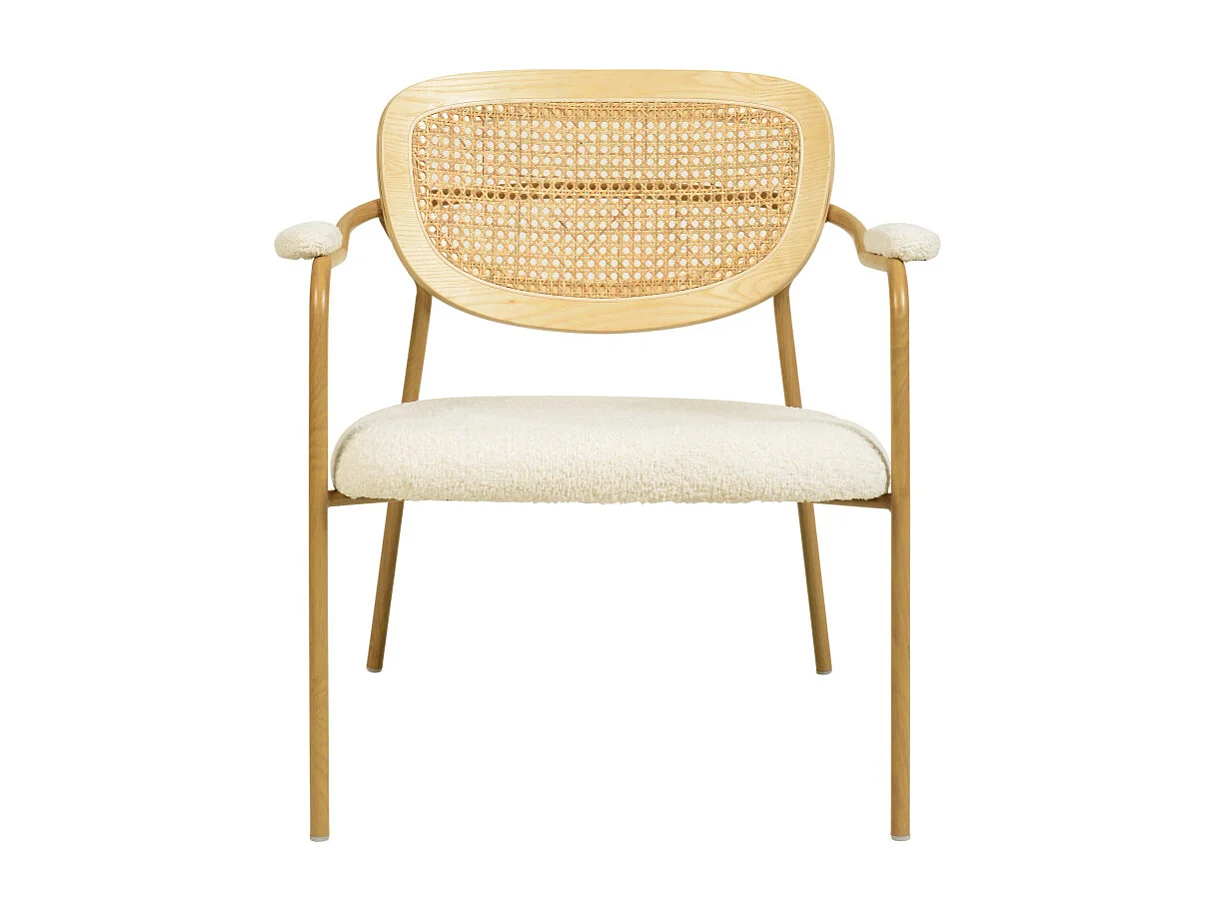 RETRO-Poltrona in tessuto ecrù, rattan e metallo