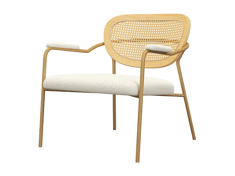 RETRO-Poltrona in tessuto ecrù, rattan e metallo