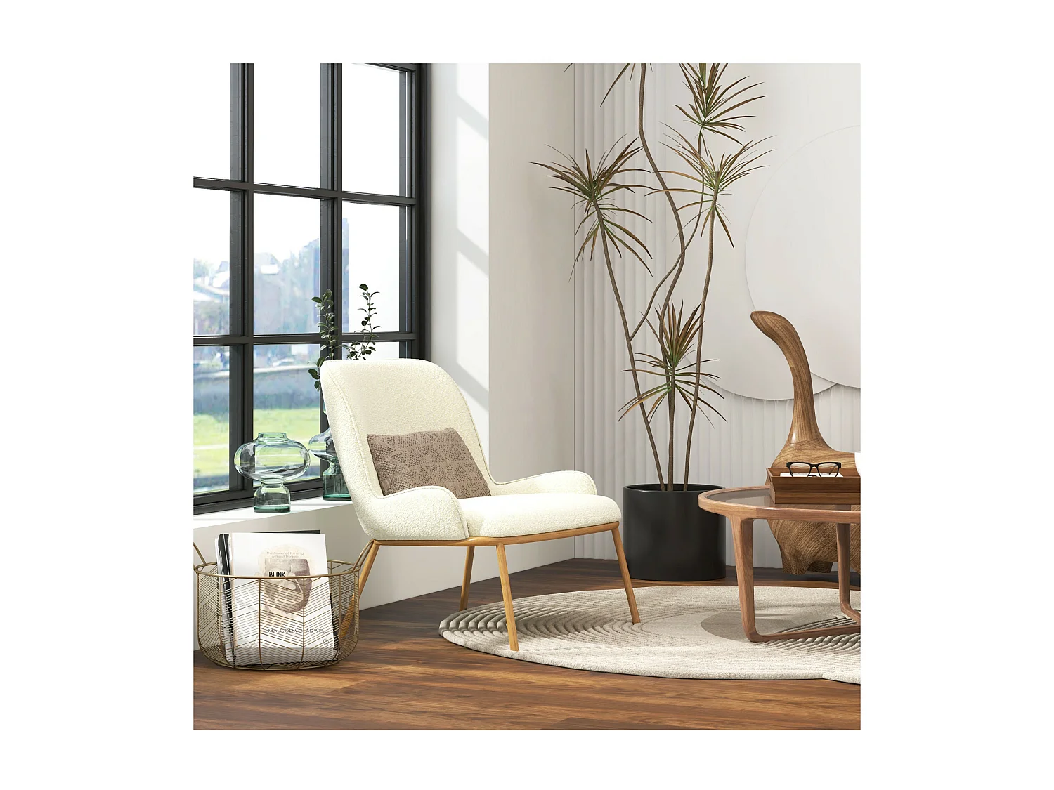 ALVIN-Fauteuil vintage en tissu Bouclé Ecru et métal chêne